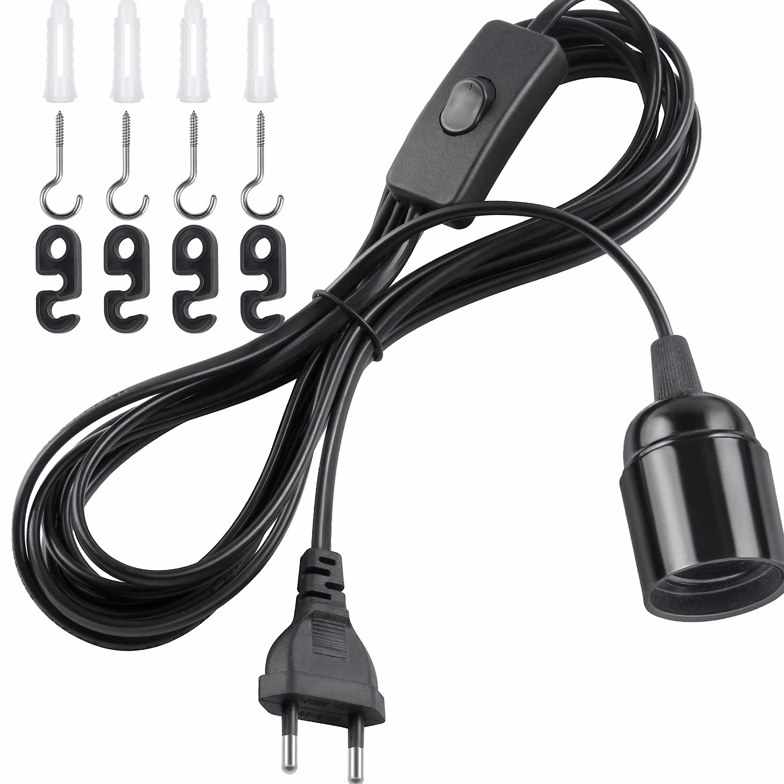 DiCUNO E27 oprawa lampy z przełącznikiem i kablem, oprawa E27 z czarnym kablem sieciowym 4 m, zawieszenie lampy wiszącej, lampa wisząca, 1P