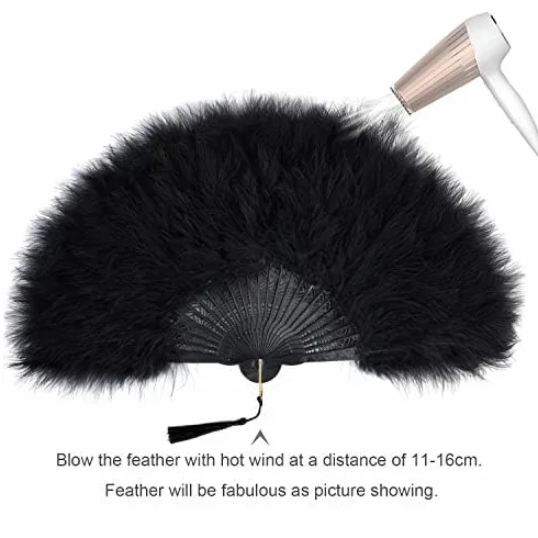 BABEYOND Damski wachlarz ręczny w stylu vintage w stylu lat 20. XX wieku, marabou, pióra, kostium Gatsby, akcesoria, czarny uchwyt
