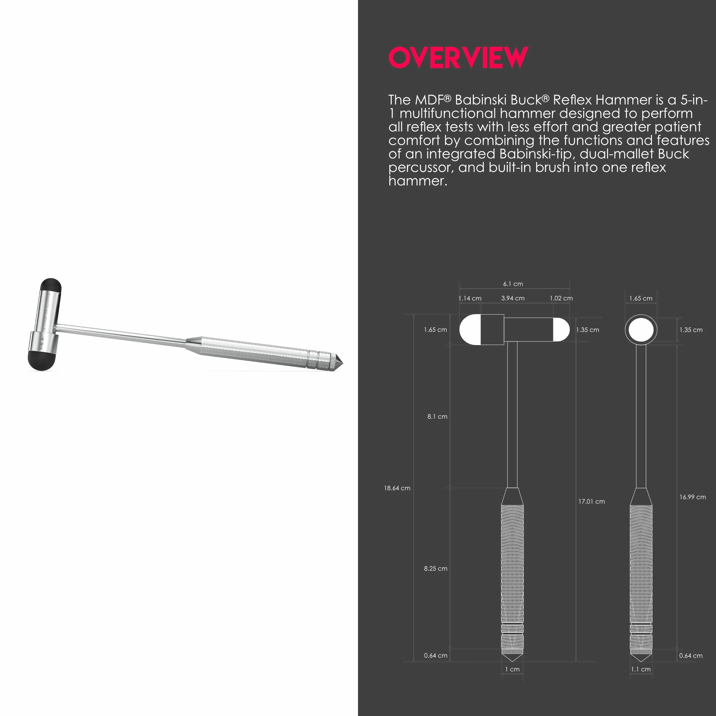 MDF Instruments Babinski Buck Neurologiczny młotek refleksyjny z wbudowaną szczotką do reakcji skórnych i powierzchownych - czarny (MDF515BT-11)