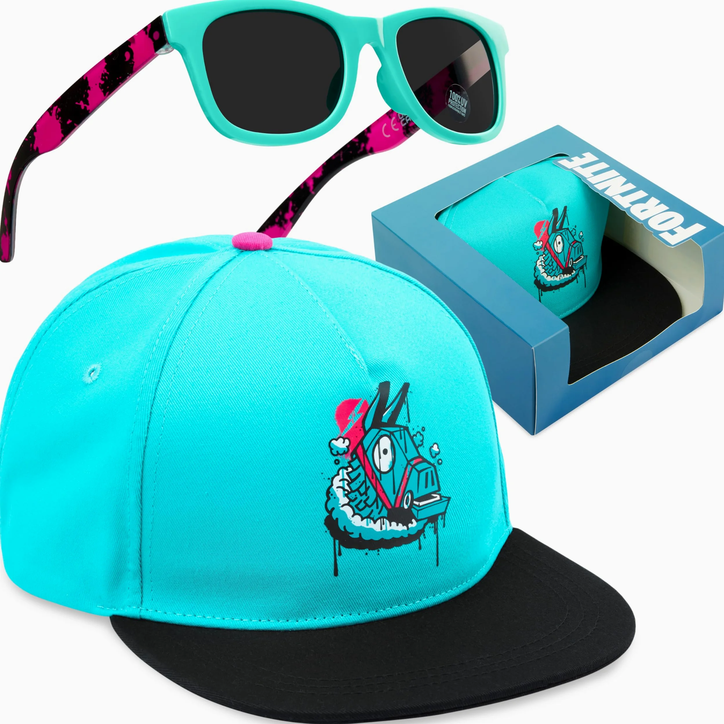 Get Trend Czapki i okulary przeciwsłoneczne dla chłopców Fortnite (6-14 lat, niebieski zestaw Fortnite)
