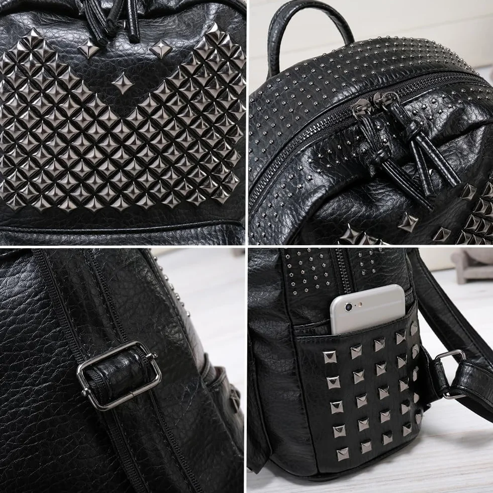 Rivet Design Luxe czarny plecak ze skóry PU torba na ramię wypoczynek torba podróżna torba szkolna plecak dla nastolatek dziewcząt, Czarny, M, Plecaki tornistry