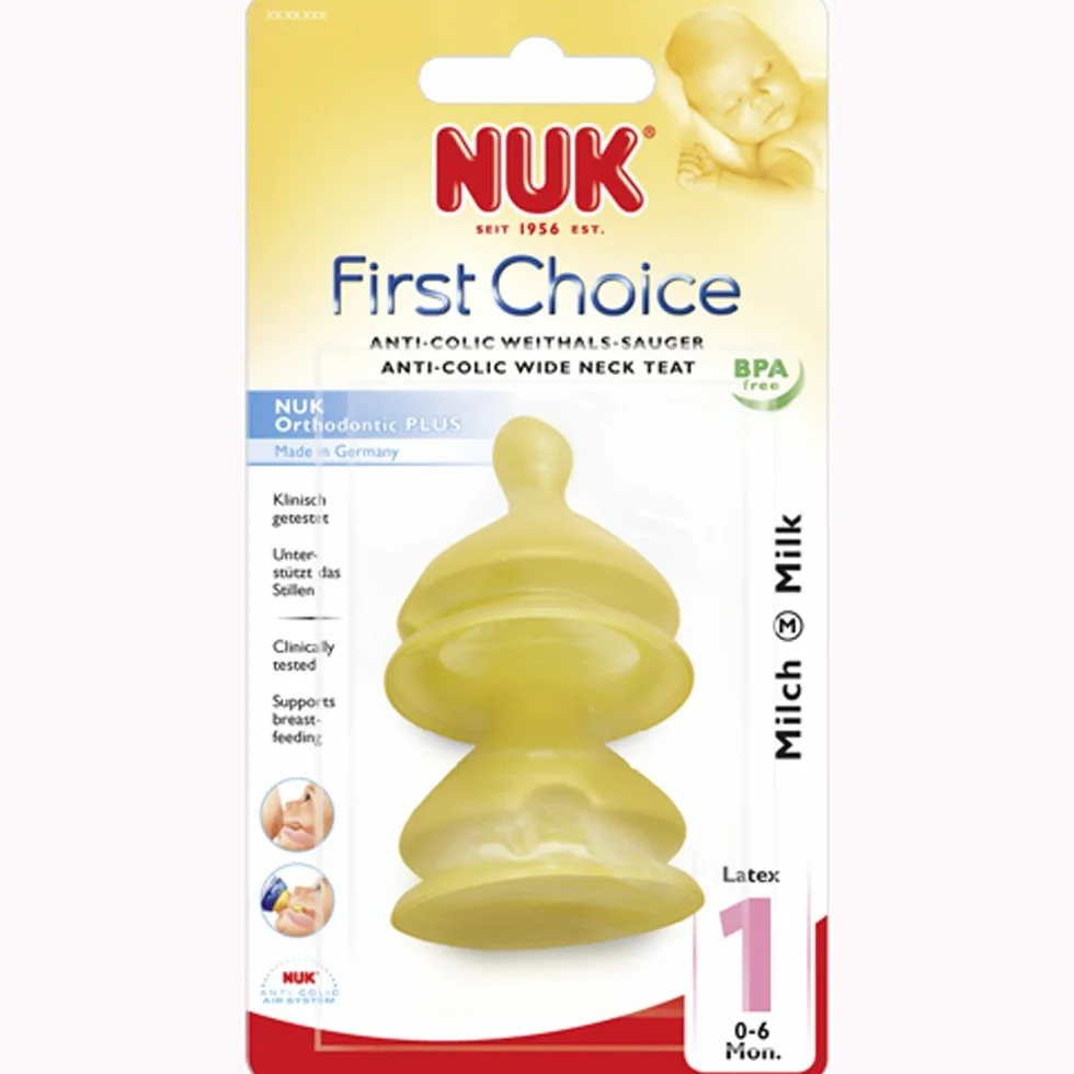NUK First Choice+ lateksowy odkurzacz do picia, zapewniający naturalne uczucie picia, kształt dopasowany do szczęki, rozmiar 1, 0-6 miesięcy, M do mleka, 2 sztuki (1 opakowanie)