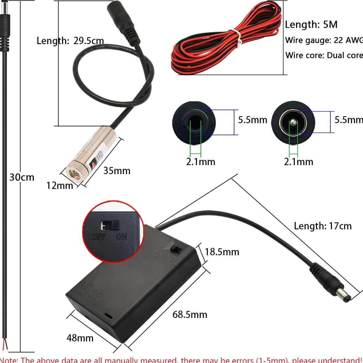 CTRICALVER Kit de módulo láser foco ajustável, Diodo módulo láser industrial 405 nm, 3-5V, Conector DC 2,1 mm + Kit fuente alimentación (Forma luz: Cruz morada)