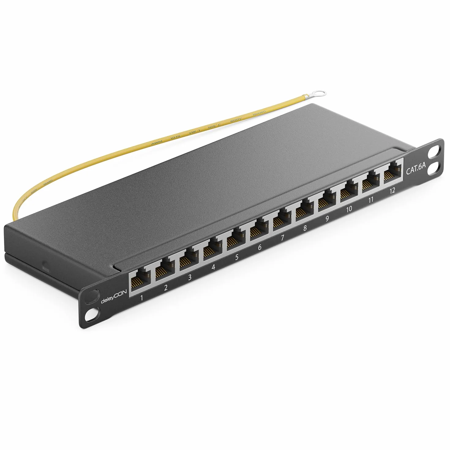 deleyCON CAT 6a 0.5U Patch Panel Mini Patch Panel 12 Portów - Desktop 10 Cali Montaż w Szafie Serwerowej RJ45 Ekranowany TIA568A TIA568B RAL 9005 Czarny