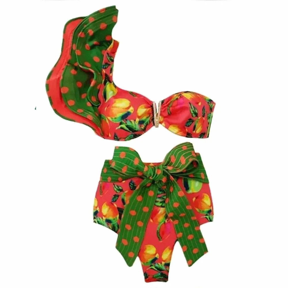 Strój kąpielowy Stroje kąpielowe Strój kąpielowy Kostiumy kąpielowe Biquini Dwuczęściowy damski kwiatowy biustonosz usztywniany Bandaż Bikini Set (kolor: zielony, rozmiar: Mcode) (zielony Scode)