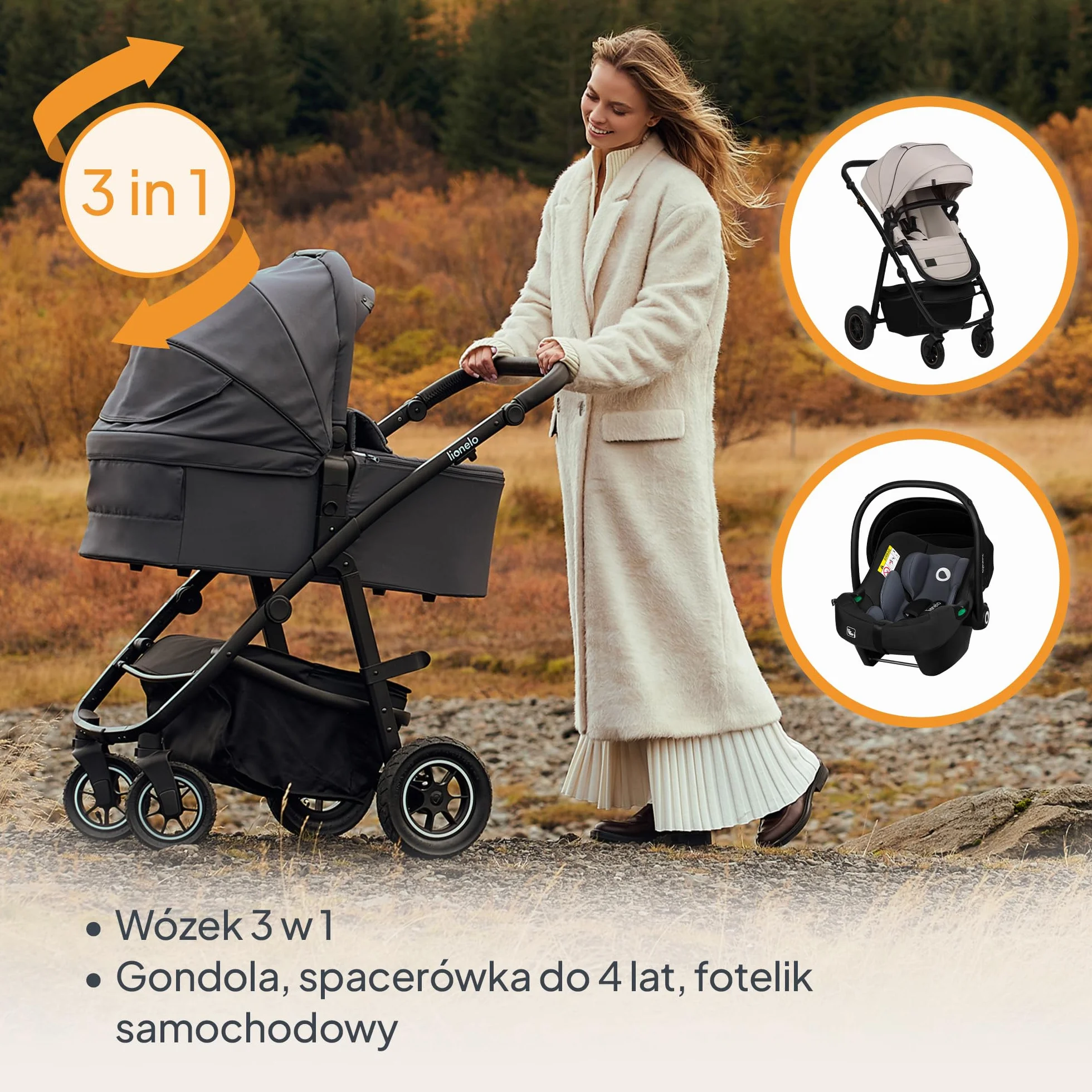 LIONELO AMBER PLUS 3 w 1 Wielofunkcyjny Wózek Dziecięcy od 0 do 4 lat do 22kg z Gondolą XL, Fotelik Samochodowy do 13 kg, Regulacja Oparcia, Duże Terenowe Koła 360o Budka XXL