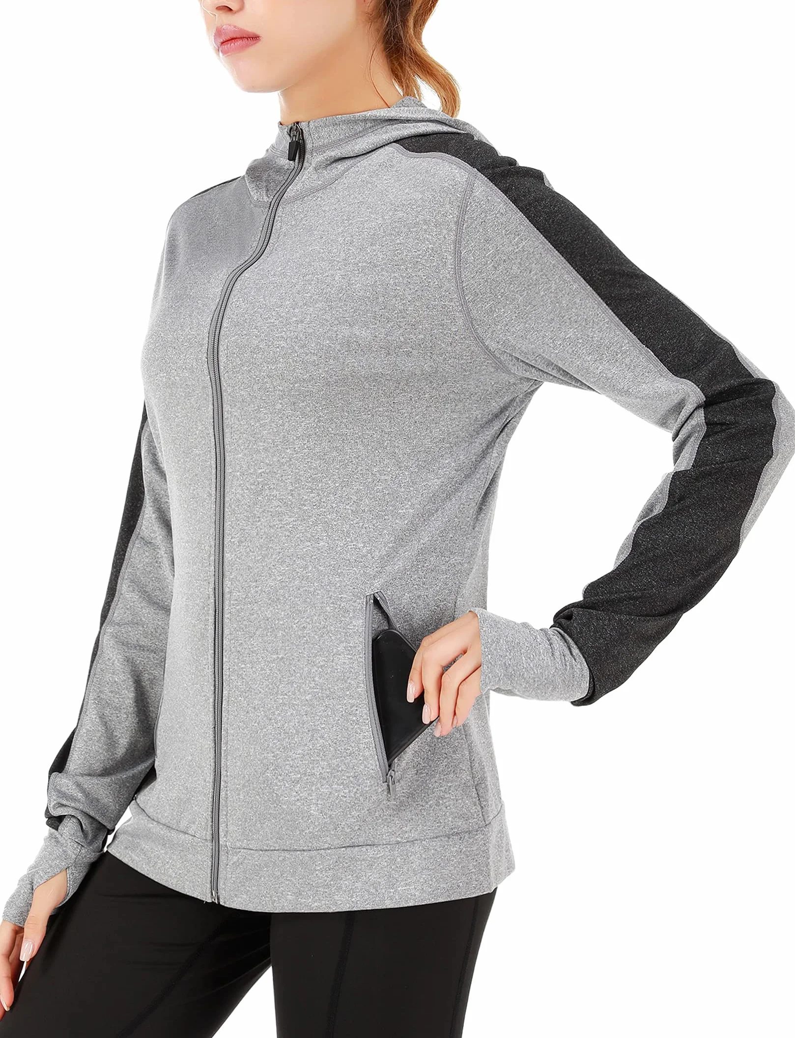 Damska kurtka do biegania, sportowa kurtka z długim rękawem, kurtka treningowa, bluza z kapturem, oddychająca, z otworem na kciuk i kieszenią, do biegania, jogi, fitnessu, szary, M