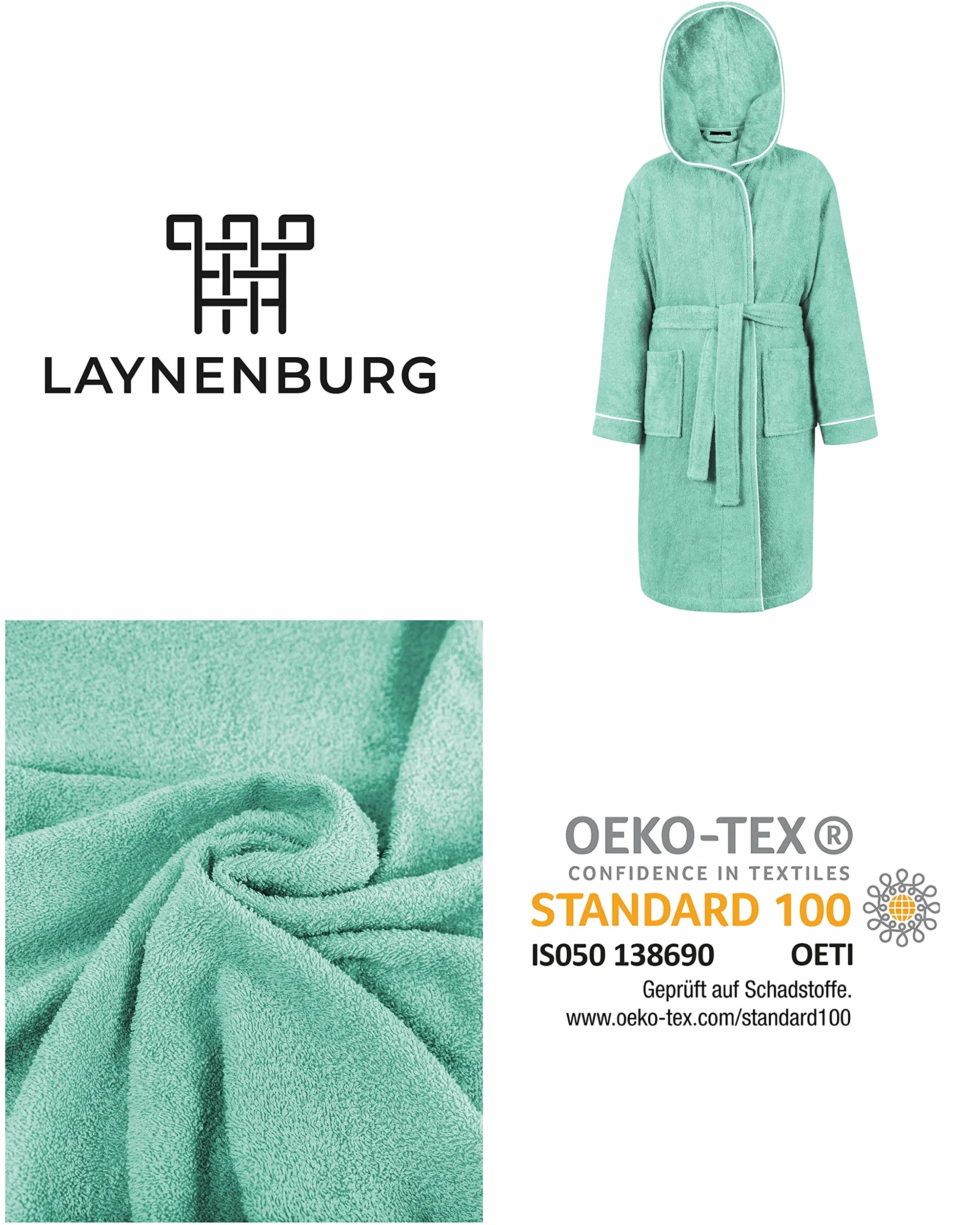 LAYNENBURG Szlafrok kąpielowy premium dla dzieci i nastolatków z kapturem – 100% bawełna – Öko-Tex Standard 100 – puszysty frotte – rozmiary od 110 do 176