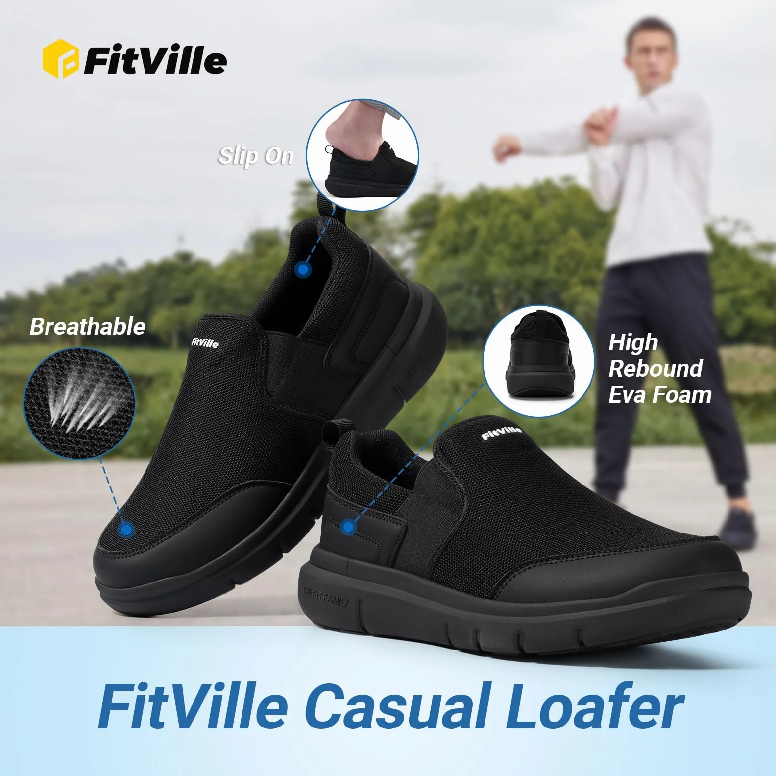 FitVille Slip On Sneaker Męskie bardzo szerokie buty treningowe Antypoślizgowe buty do chodzenia Szerokie buty outdoorowe Wygodne lekkie oddychające buty codzienne