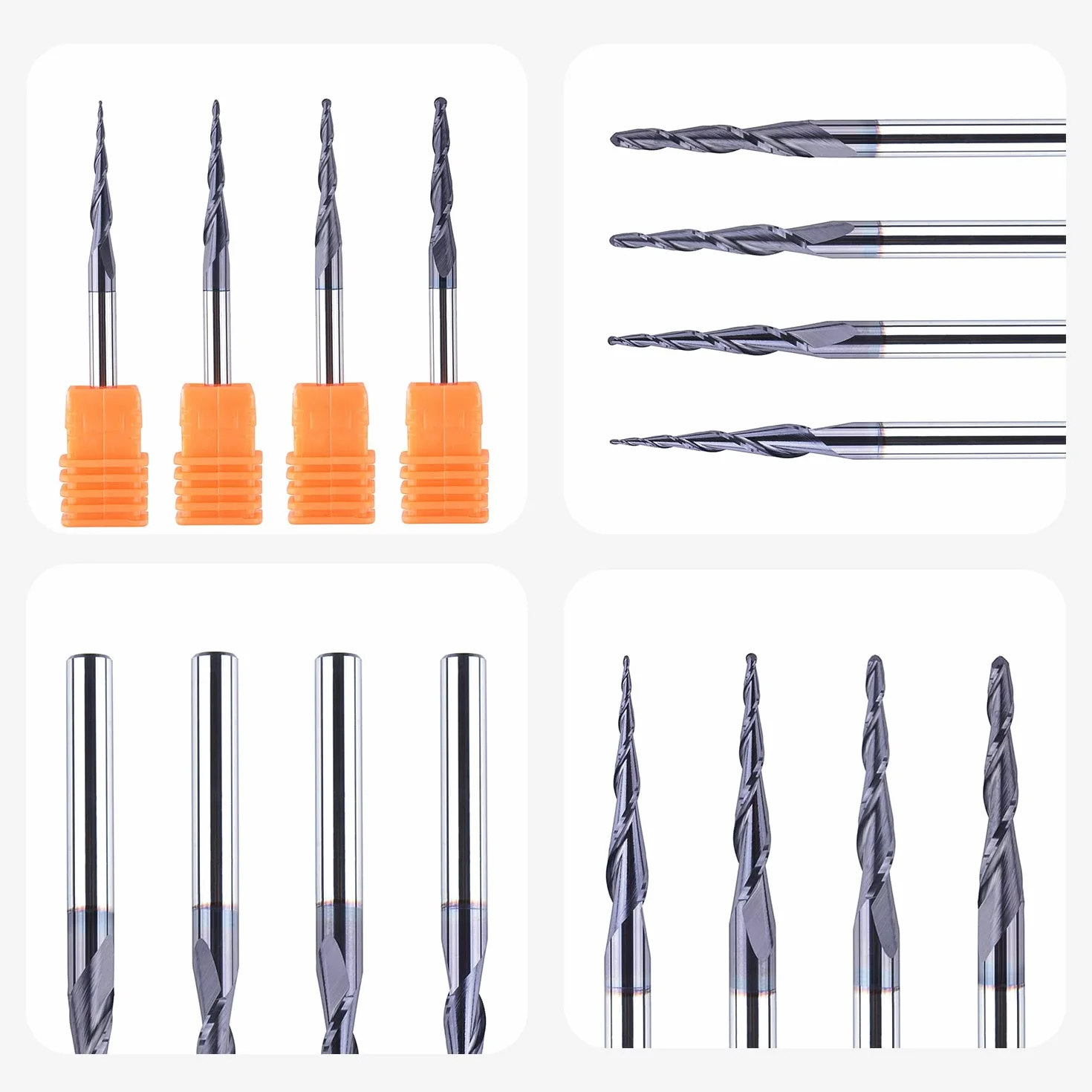 SpeTool 4 frezy stożkowe 4 mm, promień 0,25-1,0 mm CNC z węglika wolframu z powłoką TiAIN do grawerowania i rzeźbienia w 2D i 3D w obróbce drewna