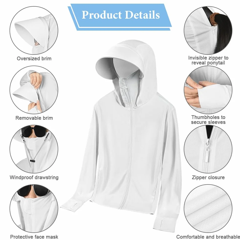 AUYAO Damska bluza z kapturem UV, damska bluza z długim rękawem, lekka bluza z zamkiem błyskawicznym, z kieszeniami, damska letnia kurtka sportowa UPF 50+, outdoorowa bluza anty-UV do fitnessu