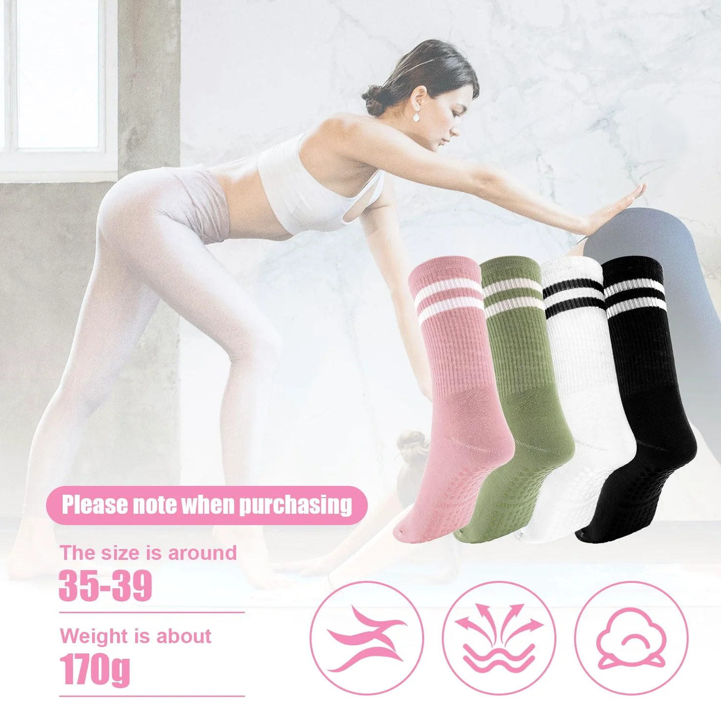 4 Pary Skarpetek Pilates, Skarpetki Pilates Grippy dla Kobiet Dlugie Antyposlizgowe Skarpetki do Jogi Skarpetki do Jogi z Uchwytami dla Kobiet Skarpetki do Jogi Skarpetki do Barre
