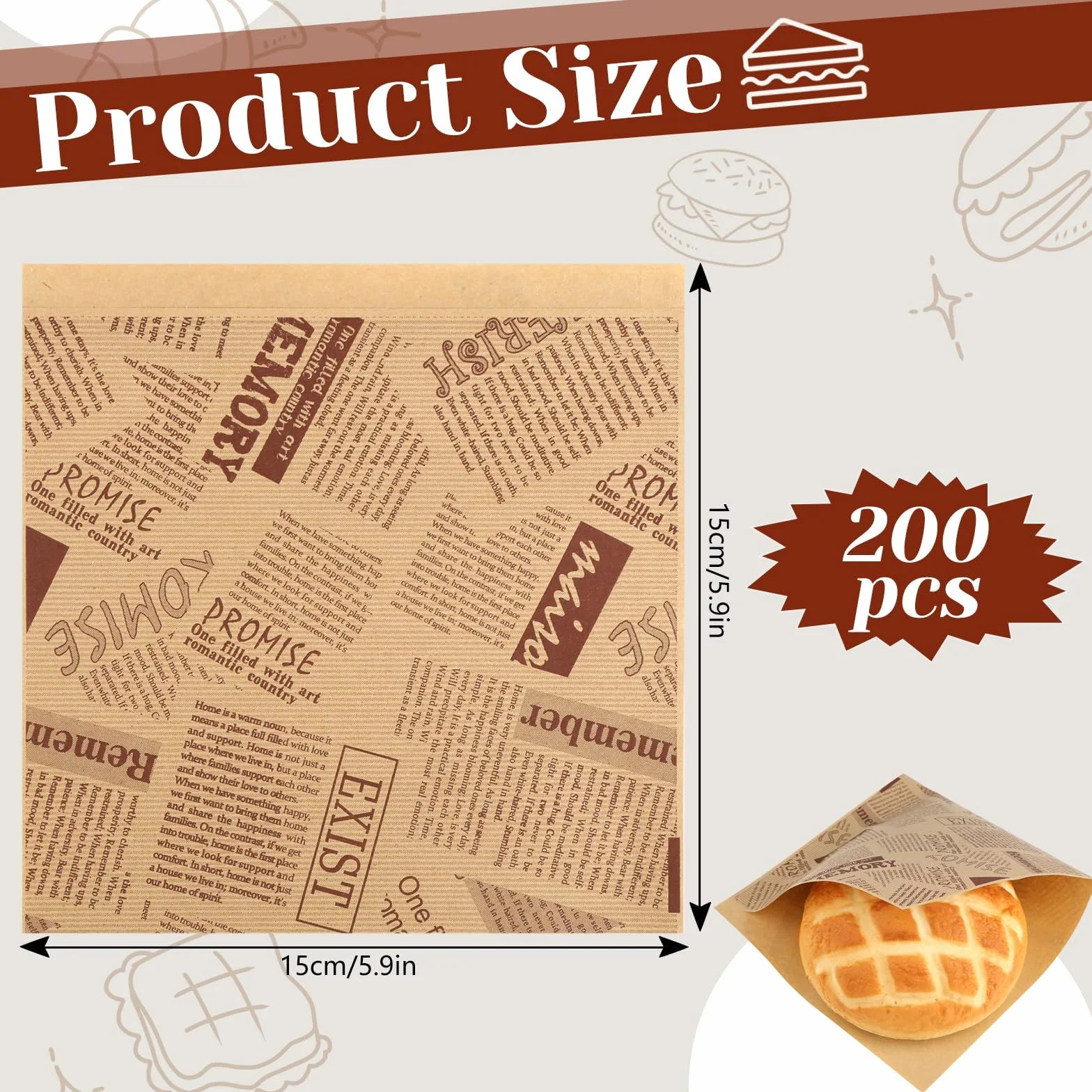 200 sztuk arkuszy papieru Deli, 15 x 15 cm, papier typu burgery, torebki do kebaba, kanapek, papier do zawijania kanapek, burgerów, frytek