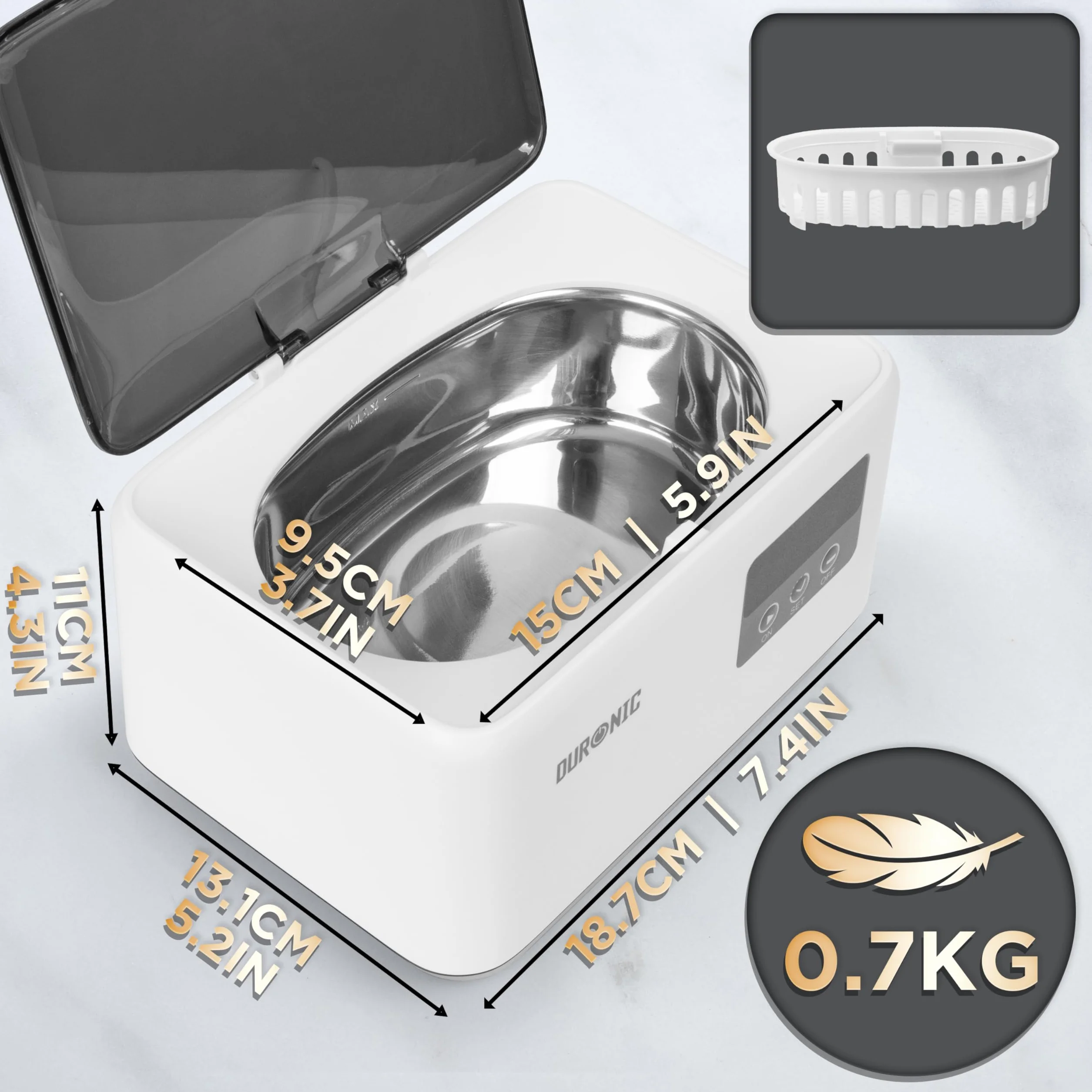 Duronic UC60 Myjka ultradźwiękowa do okularów 50W do okularów biżuterii protez kosmetyczna sterylizator kosmetyczny 90-600 sek min 600ml