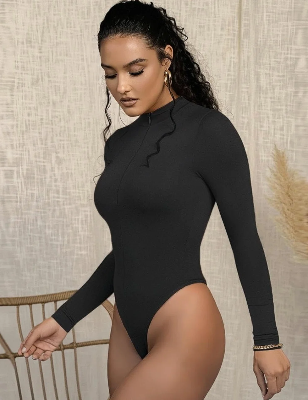 Body damskie z długim rękawem, seksowny golf, dekolt w serek, body slim fit, kombinezon z zamkiem błyskawicznym z przodu, rozciągany, trykot, szykowny garnitur, codzienny ubiór