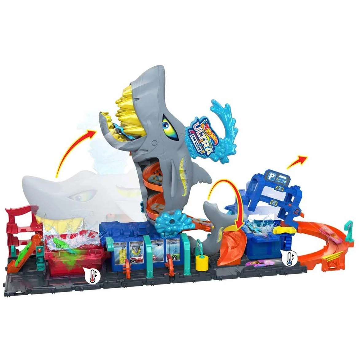 Hot Wheels City Ultra „Let's Race – Na start!” Netflix - Myjnia Rekina Zestaw do zabawy z pojazdem Color Reveal w skali 1:64 i z funkcją zmiany koloru + miejsce do przechowywania, HTN82