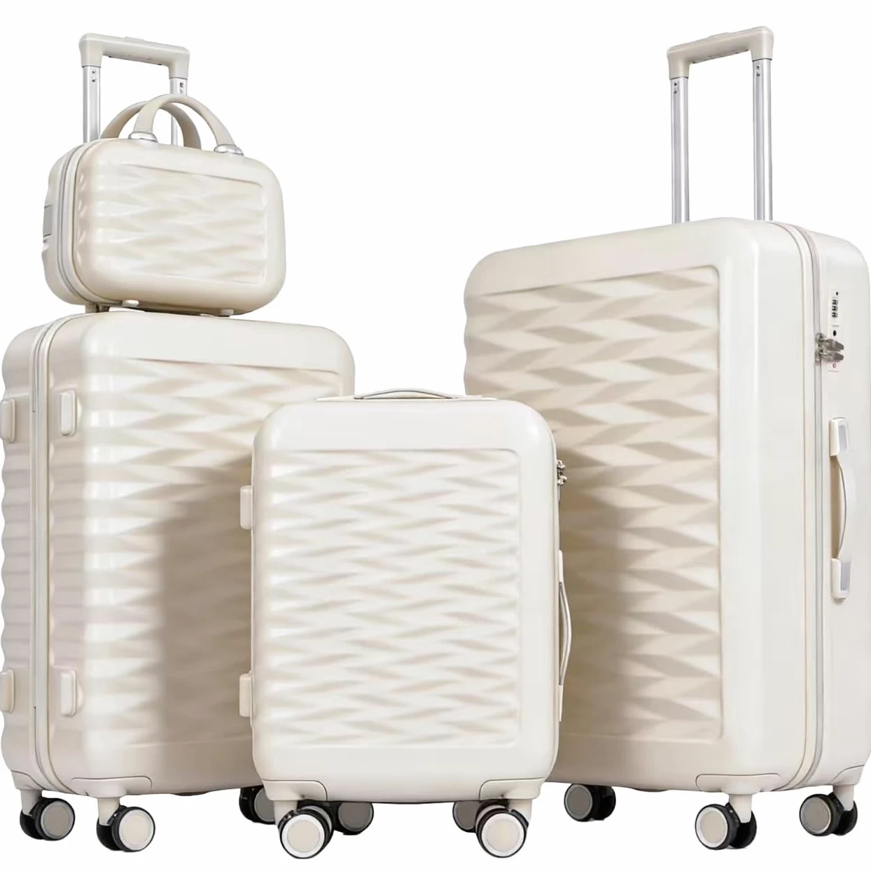 Zestawy walizek z kosmetyczką lekka walizka podróżna ABS + PC twarda skorupa z kołami obrotowymi, biały, 4 Piece Set, Nowoczesna twarda strona