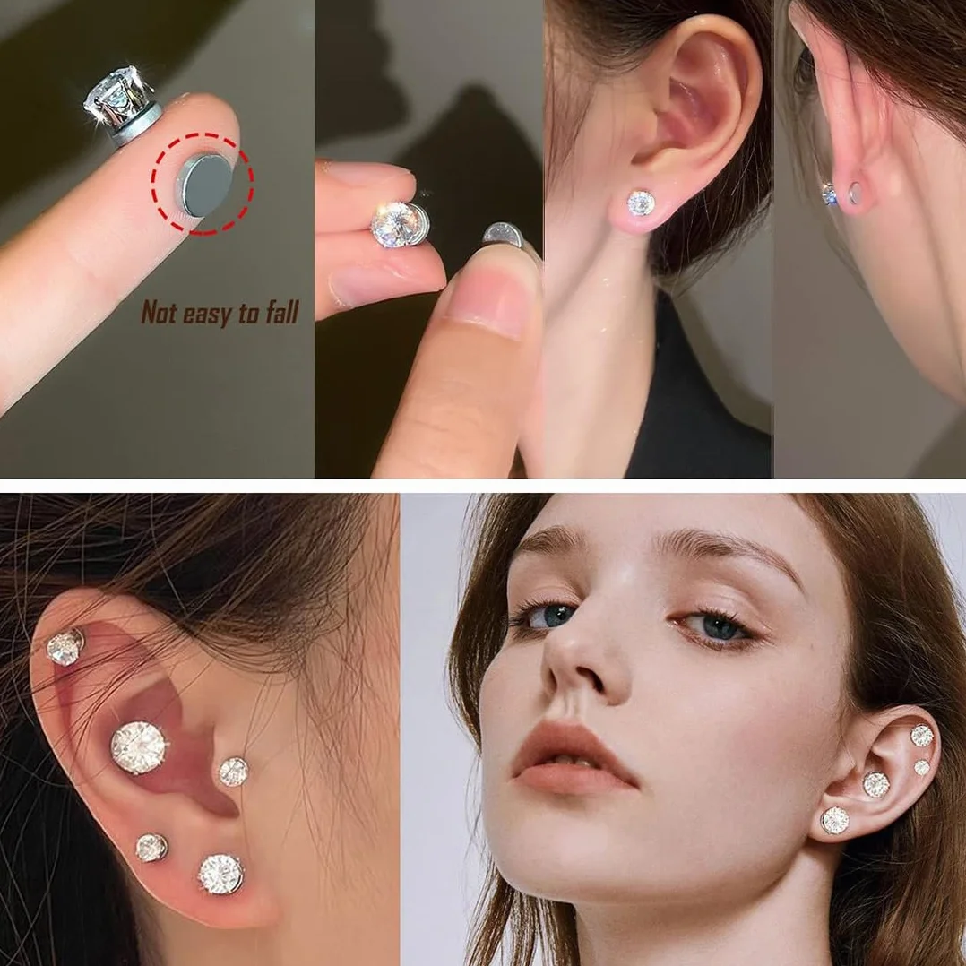 3 pary magnetycznych kolczyków ze stali nierdzewnej dla mężczyzn i kobiet unisex bez przekłuwania fałszywych magnesów zestaw kolczyków, 5/6/7 mm, srebrny, M, Stal nierdzewna