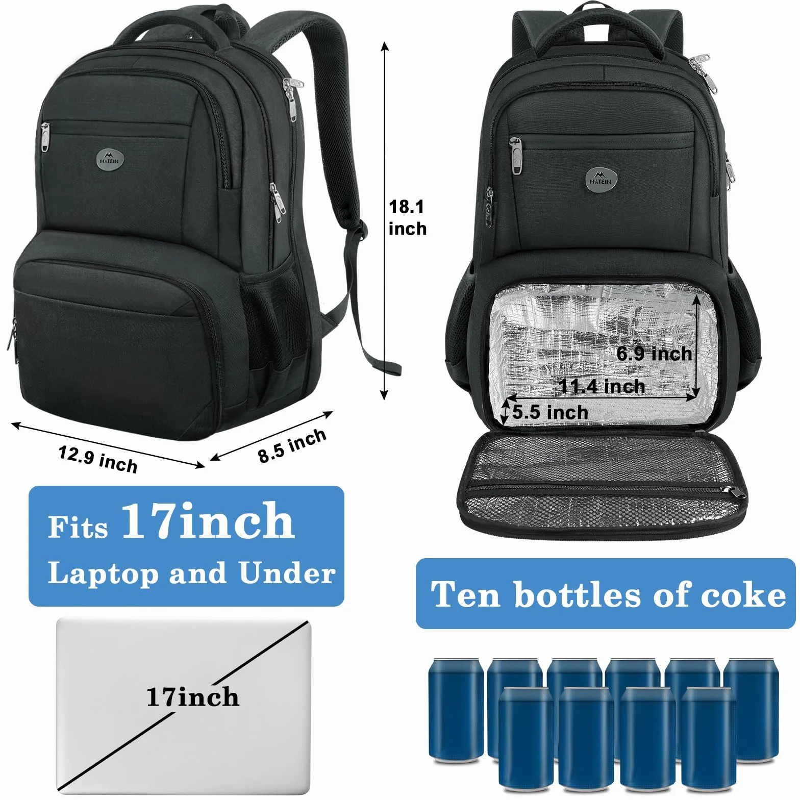 Plecak na laptopa MATEIN 17 cali z przegrodą chłodzącą, lunchpack, plecak podróżny dla mężczyzn, antykradzieżowy plecak chłodzący zgodny z TSA do pracy