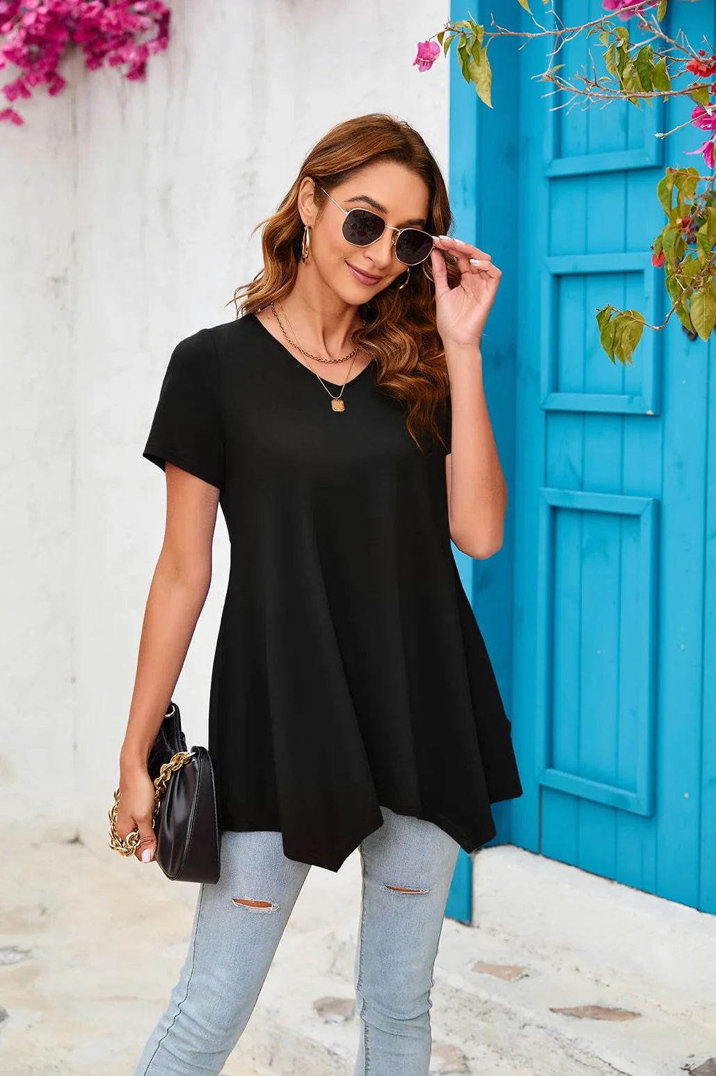 Enmain Damskie tuniki topy lato dekolt w serek koszulka z krótkim rękawem damskie tuniki na legginsy na co dzień elegancka elegancka tunika styl koszule bluzka swing top