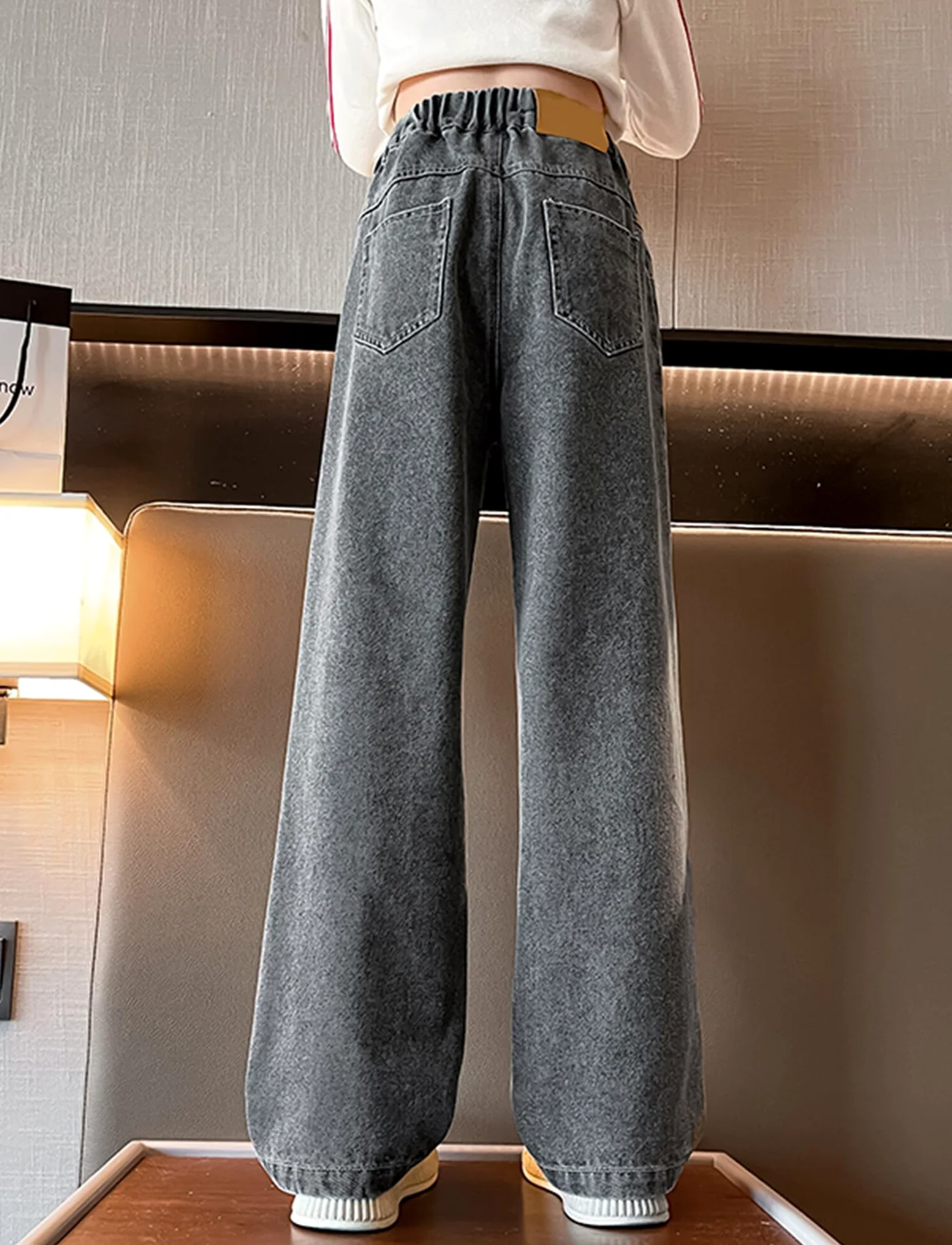 FEOYA Dziewczęce spodnie dżinsowe dla dzieci, spodnie dżinsowe, szerokie nogawki, streetwear z kieszeniami, dla nastolatków, vintage, Y2k, Baggy, jeansy Wide Leg 120-170