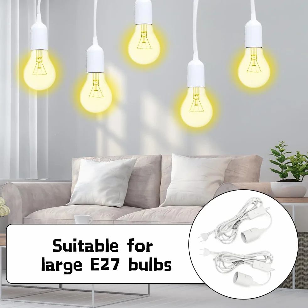 2 sztuki oprawek E27 z przełącznikiem, adapter gniazda wtykowego E27, przewód zasilający 2 m i wtyczka UE do lamp DIY, do zawieszenia lampy, lampa wisząca, salon, kuchnia, kolor biały