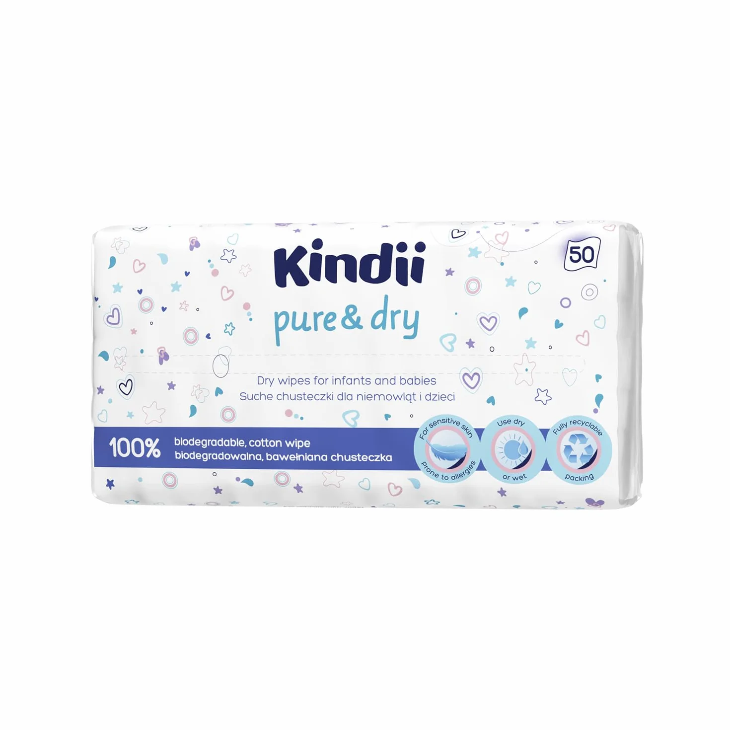 Kindii Pure&Dry Suche Chusteczki dla niemowląt - Baby Essentials - Jednorazowy ręcznik do twarzy - Chusteczki dla niemowląt luzem - Akcesoria dla niemowląt - Wielofunkcyjne - 100% bawełna - 20 x 20 cm