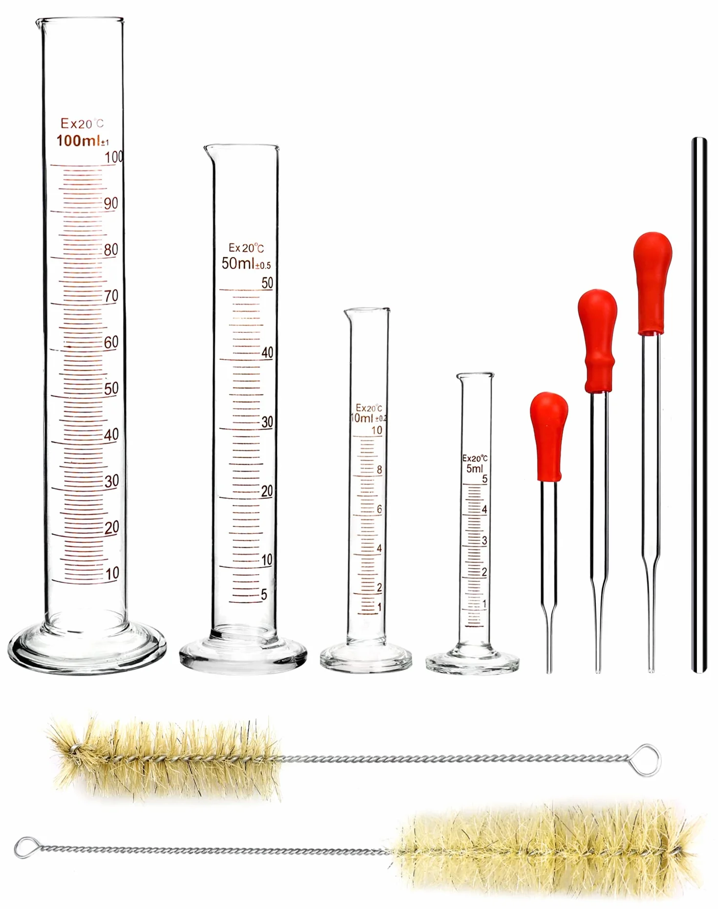 QWORK® 4 szt. Szklany cylinder z podziałką, 5 ml/10 ml/50 ml/100 ml, z 3 szt. szklanych pipet, 2 szt. Szczotka do probówek, 1 szt. Szklany pręt do mieszania