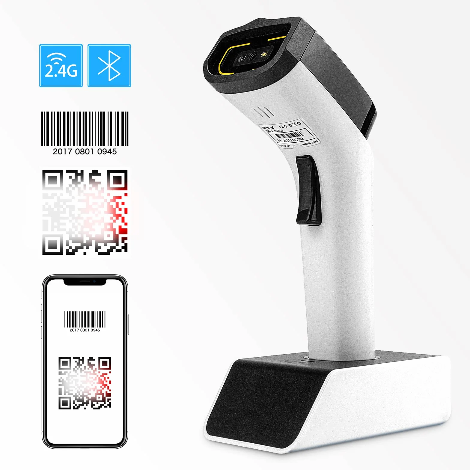 NETUM Bezprzewodowy skaner kodów kreskowych 2D Bluetooth z podstawką ładującą, bez użycia rąk, automatyczny czytnik kodów kreskowych 1D 2D QR pdf417, działa z MAC OS, Windows, iOS, Android - DS7500