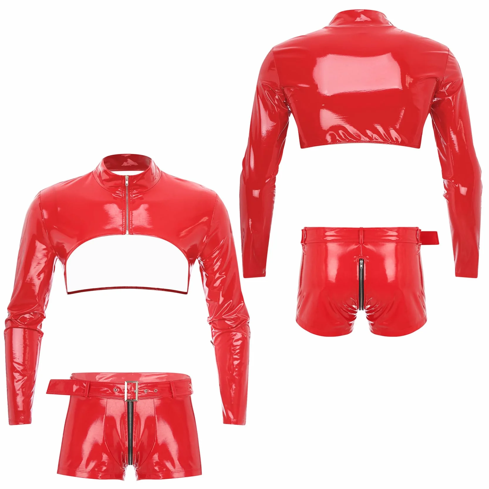 Męskie Wetlook Bielizna Erotyczna Bielizna Lakierowana Skóra Babydoll Crop Top odkrywające bokserki ze skóry PU, Czerwona, M