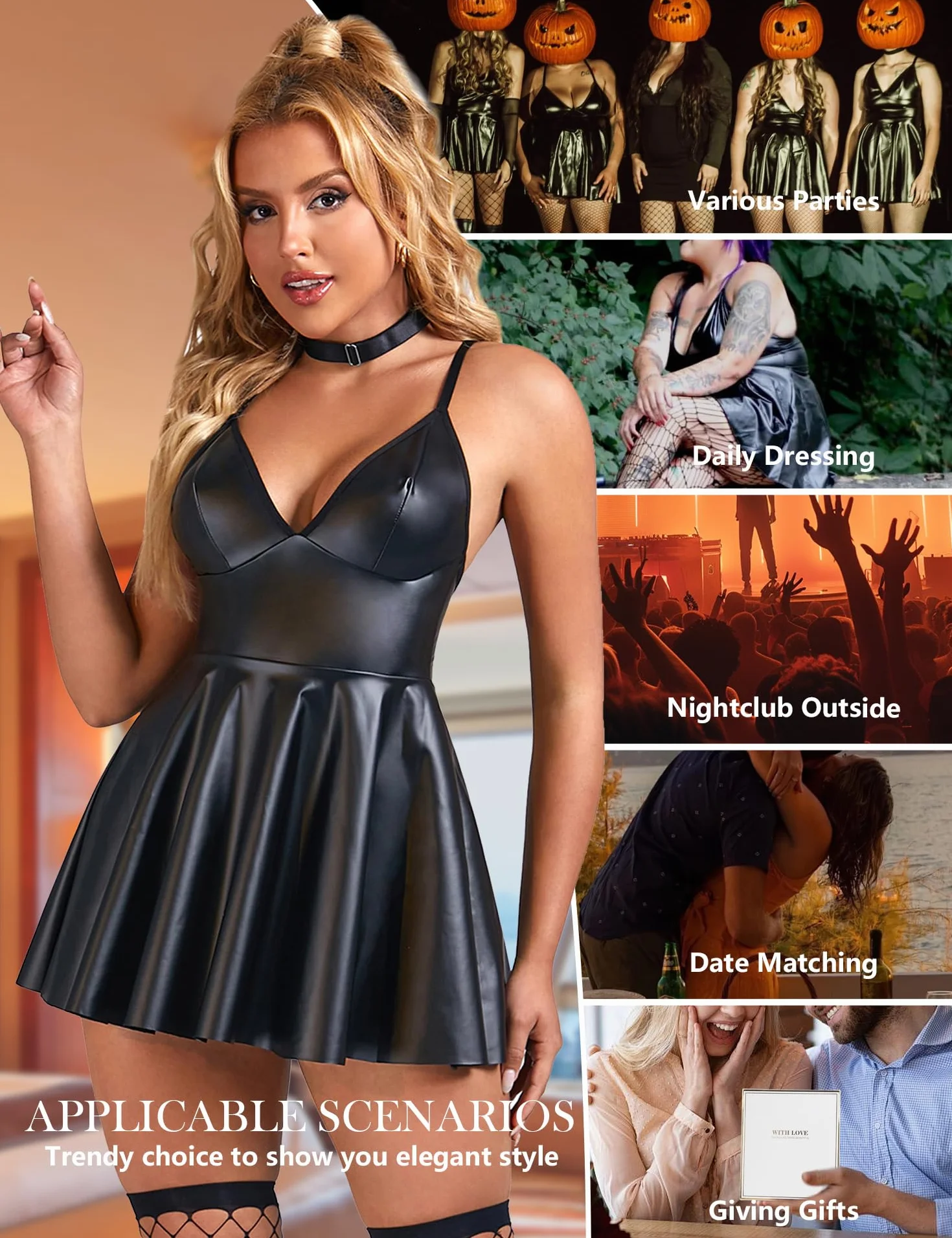 Skórzana sukienka damska czarna krótka duże rozmiary wetlook elegancka linia A sztuczna skóra sukienka imprezowa dekolt w serek