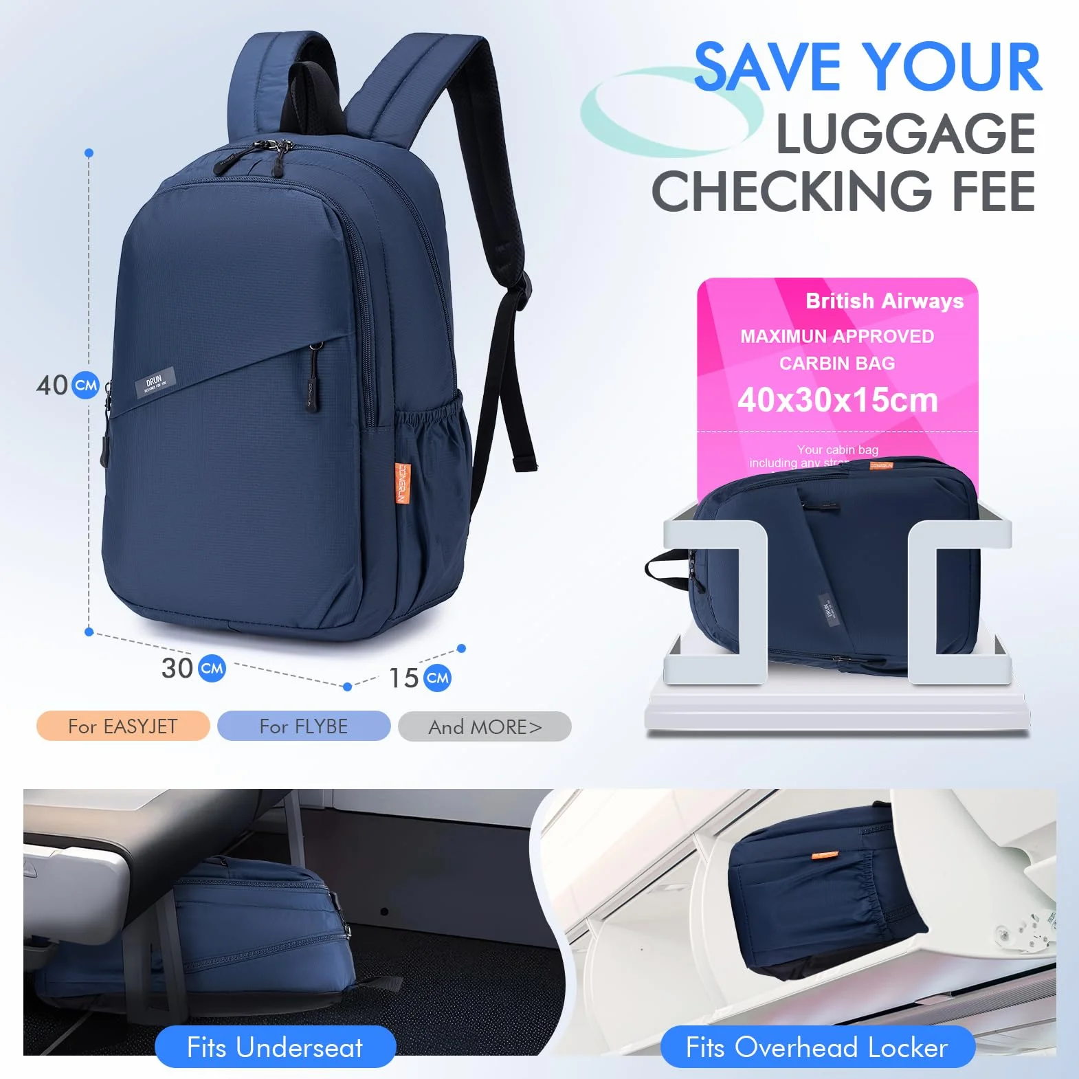 BAGZY Air Tat Plecak Bagaż podręczny 40x30x15 British Airways Plecak Mały plecak plecak 40 30 30 15 Bag Wodoodporny kabin Niebieski