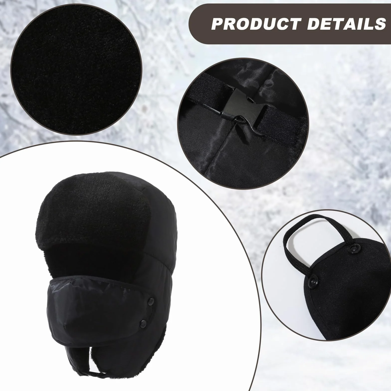 Czapka lotnicza Unisex, Ushanka czapka z nausznikami i odpinaną maską, wiatroszczelna zimowa czapka narciarska, ciepła czapka myśliwska męska kobieta, czarne, rozmiar uniwersalny