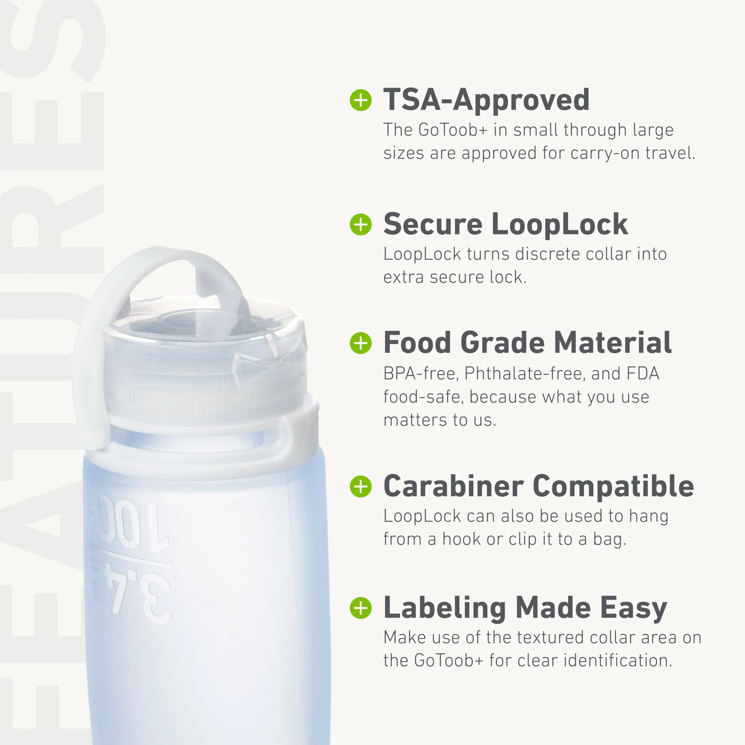 humangear GoToob+ 3-pak, duża butelka podróżna 100 ml GoToob+ z nakrętką blokującą, duże 100 ml - przezroczyste/zielone/niebieskie, duże