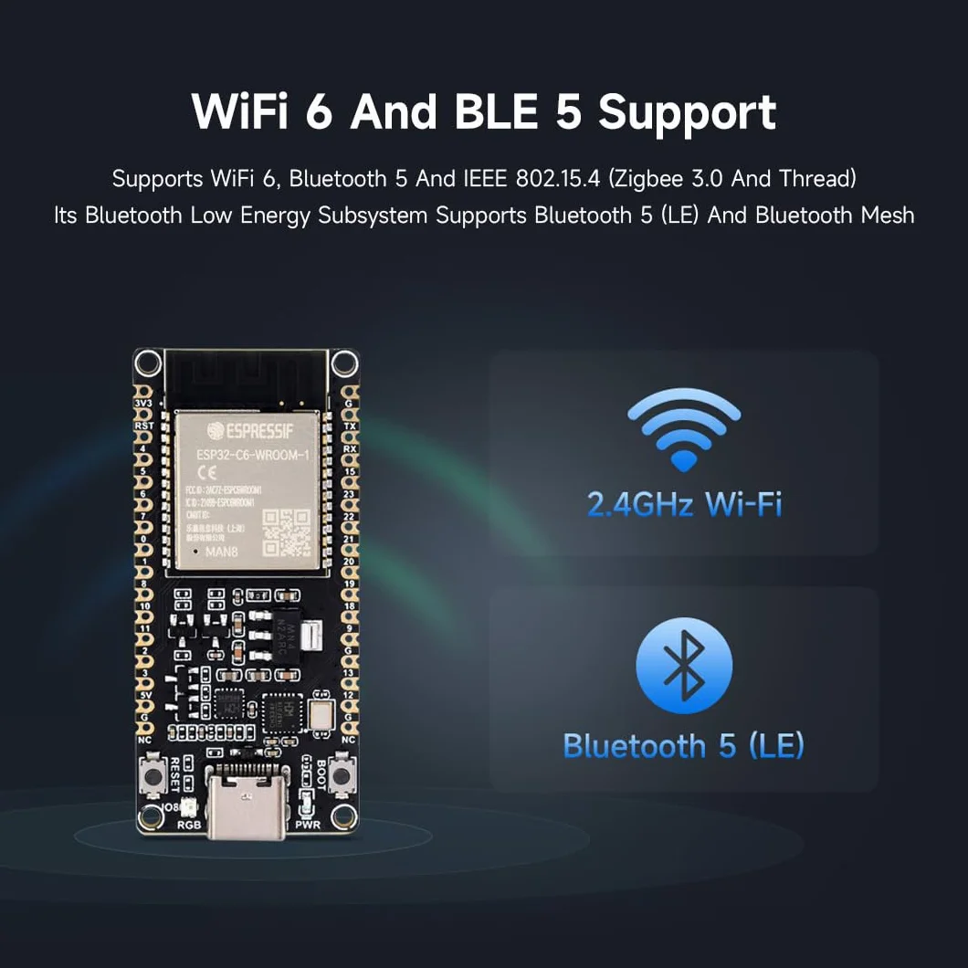 Waveshare ESP32-C6 Microcontroller, WiFi 6 Development Board, 160MHz Single-core Processor, ESP32-C6-WROOM-1-NX Series Module, Supports USB and UART Development,16MB Flash, with Pinheader