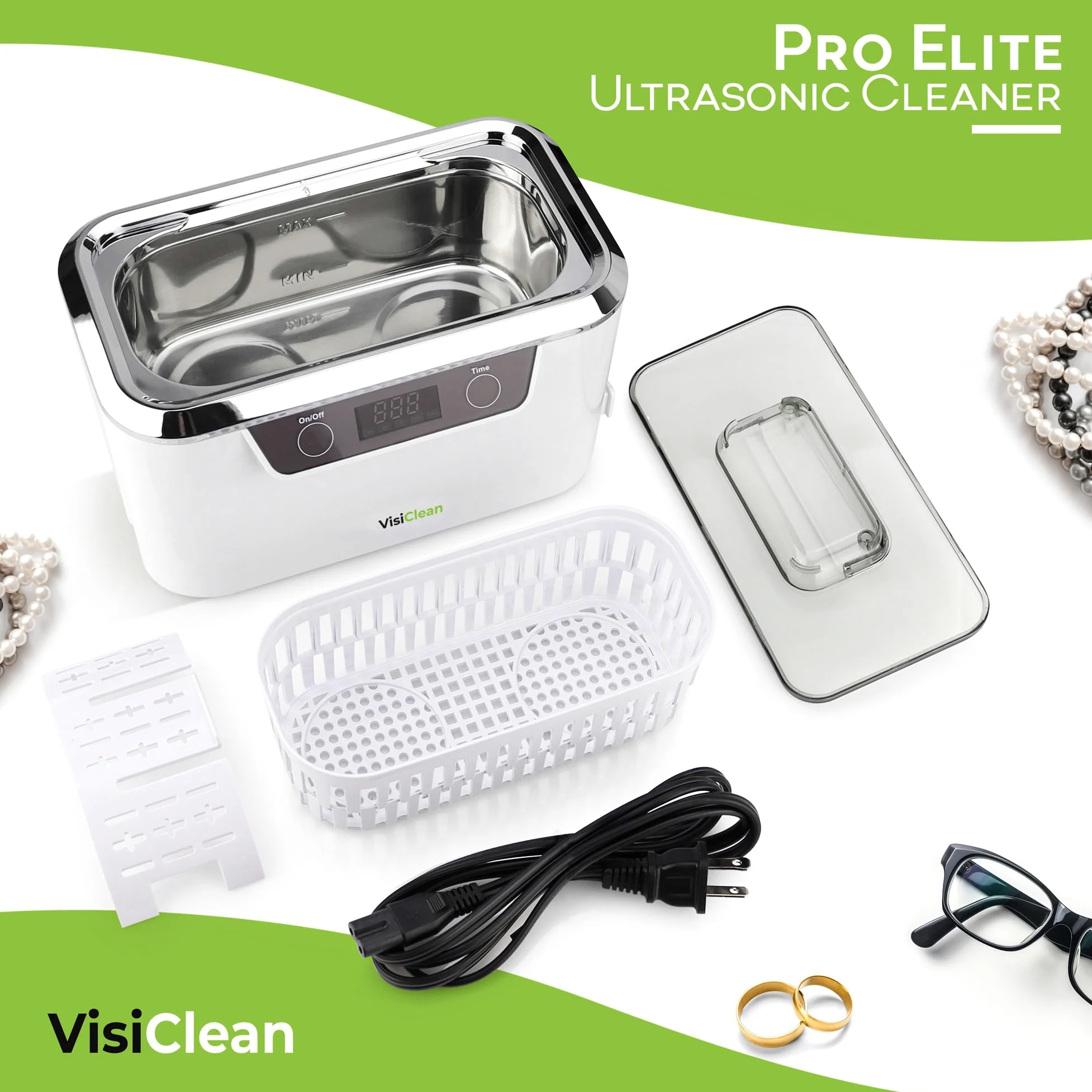 InvisiClean Profesjonalna myjka ultradźwiękowa | Elektroniczny środek do czyszczenia srebrnej biżuterii do okularów/protez/pierścionków diamentowych | model Pro Elite ze zbiornikiem ze stali