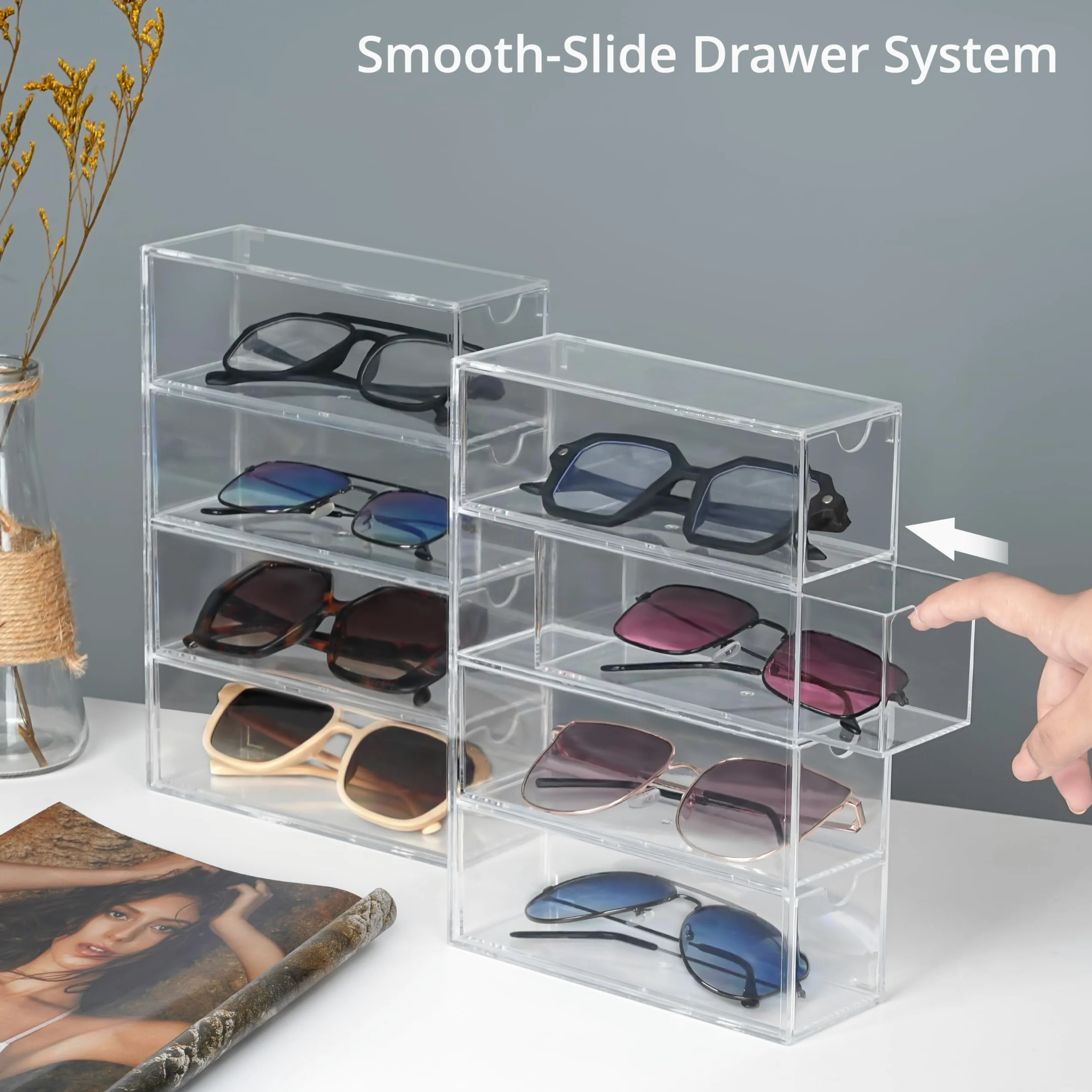 Winter Shore Organizer na Okulary z Akrylu z 4 Szufladami [Zestaw 2szt.] - Przezroczysty Pojemnik na Okulary, Okulary Przeciwsłoneczne i Akcesoria - Zestaw 2 Stosowalnych Organizerów na 8 Par Okularów