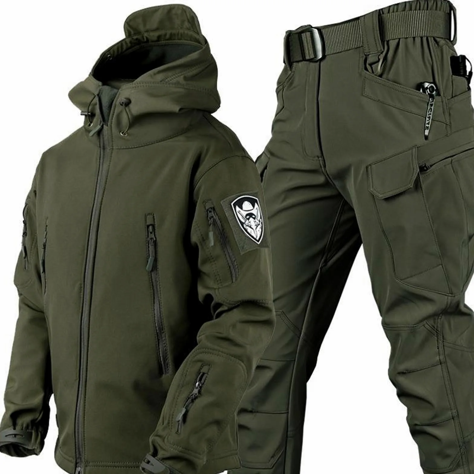 KEAAN Męskie garnitury wędkarskie zimowe skóra rekina softshell polar gruby odzież alpinistyczna kempingowa taktyka trening wodoodporny zestaw-zieleń wojskowa||L