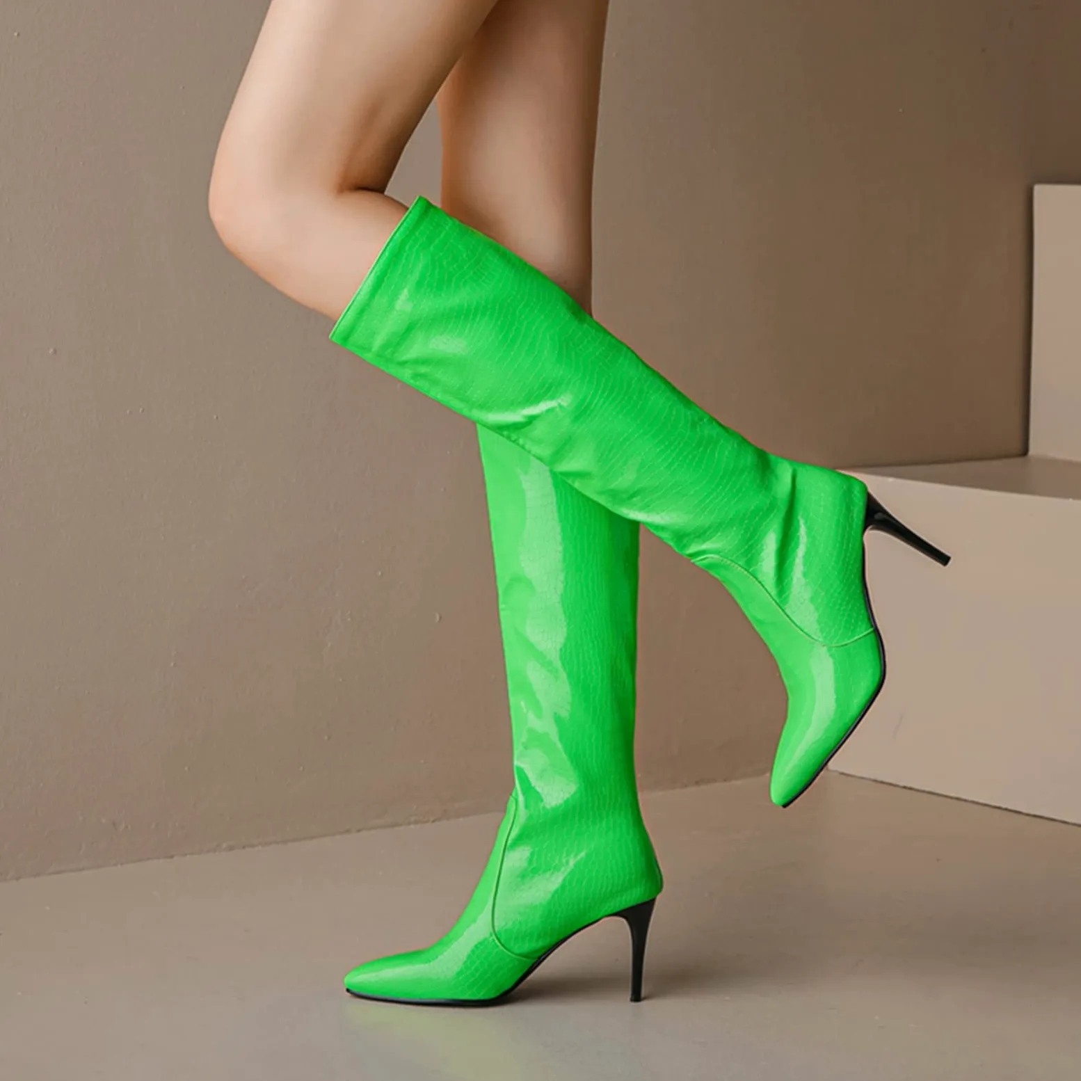 CUTEHEELS Damskie jednokolorowe buty na uda wysokie/nad kolanem ze szpilką i szpiczastym noskiem, zielony 3, 45 EU
