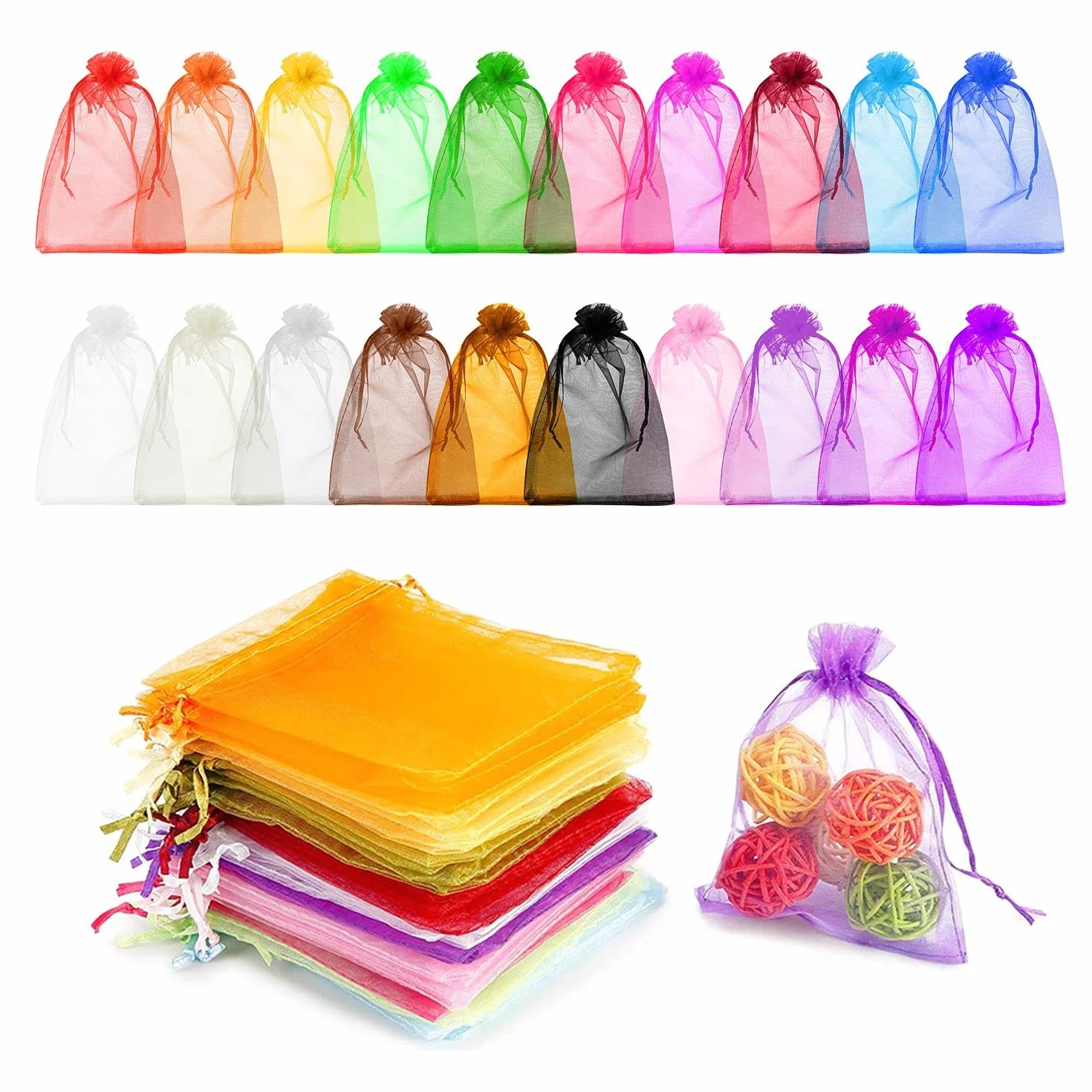 Torebki z organzy, 100 sztuk, kolorowe woreczki na cukierki, na ślub, urodziny, komunię, prezent, cukierki, biżuteria, ze sznurkiem (7 x 9 cm)