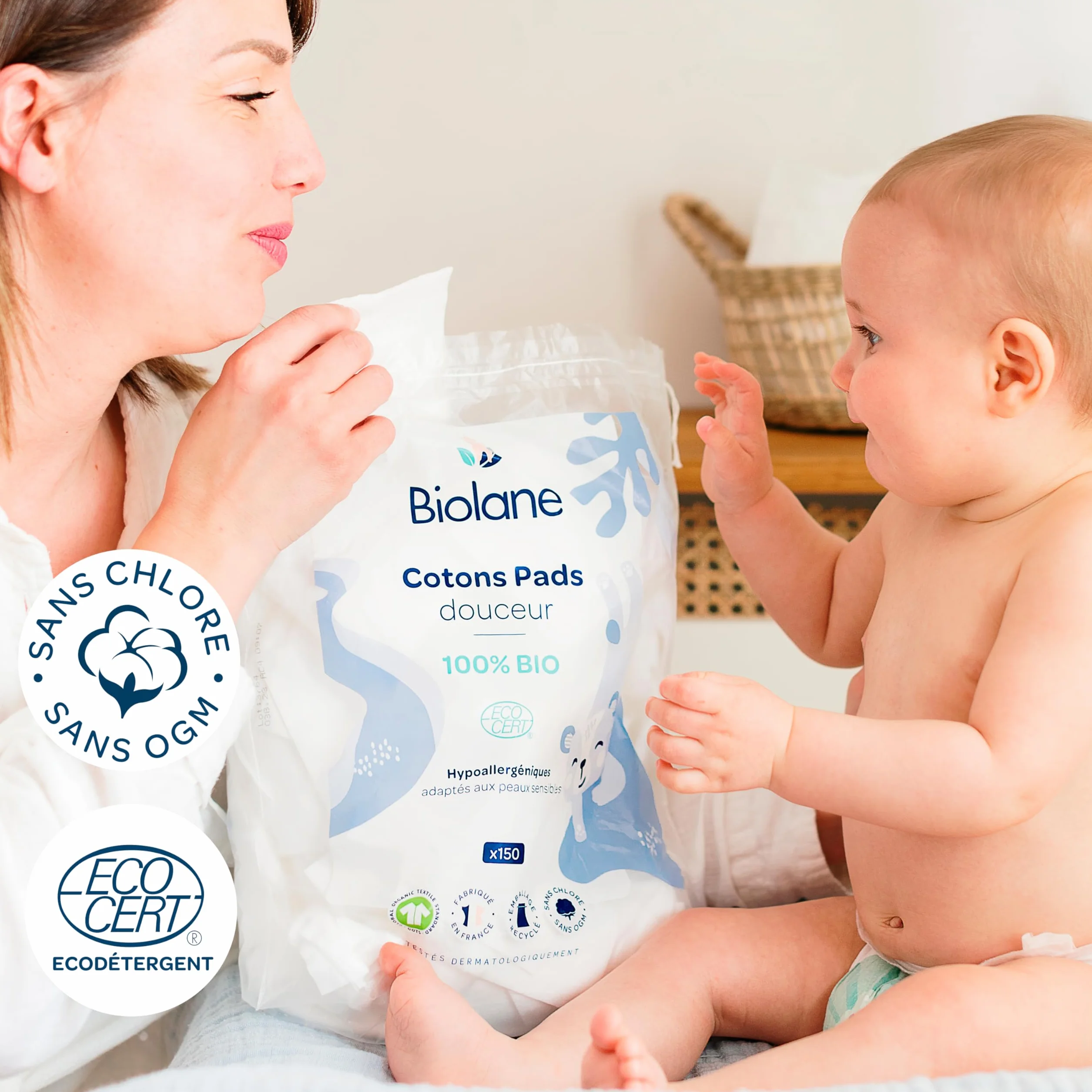 BIOLANE - Zestaw 3 bawełnianych wkładek do miękkich - Baby - 100% organicznych - 150 bawełny - Skóra wrażliwa - Zmiana & WC - Od urodzenia - Wyprodukowano we Francji