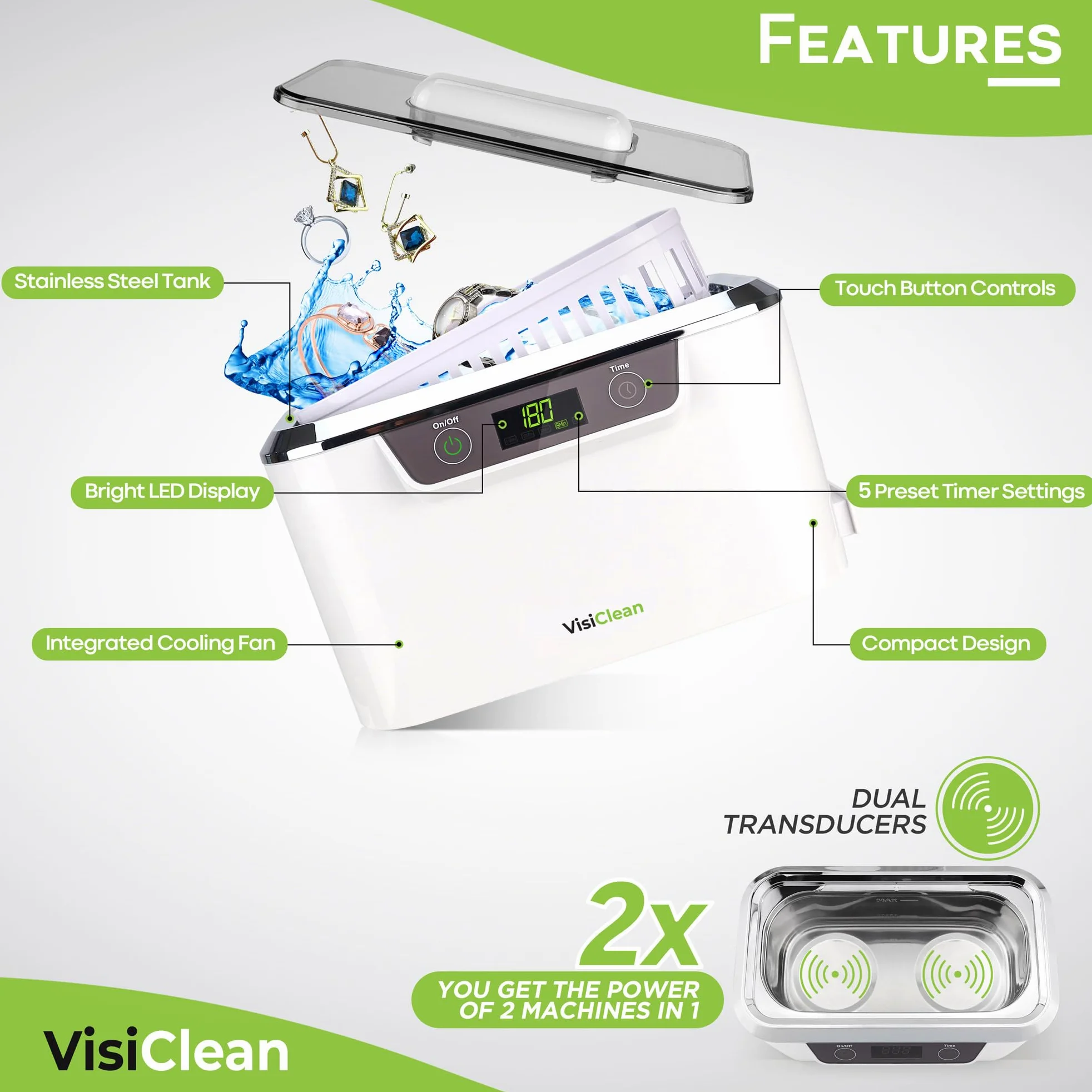 InvisiClean Profesjonalna myjka ultradźwiękowa | Elektroniczny środek do czyszczenia srebrnej biżuterii do okularów/protez/pierścionków diamentowych | model Pro Elite ze zbiornikiem ze stali