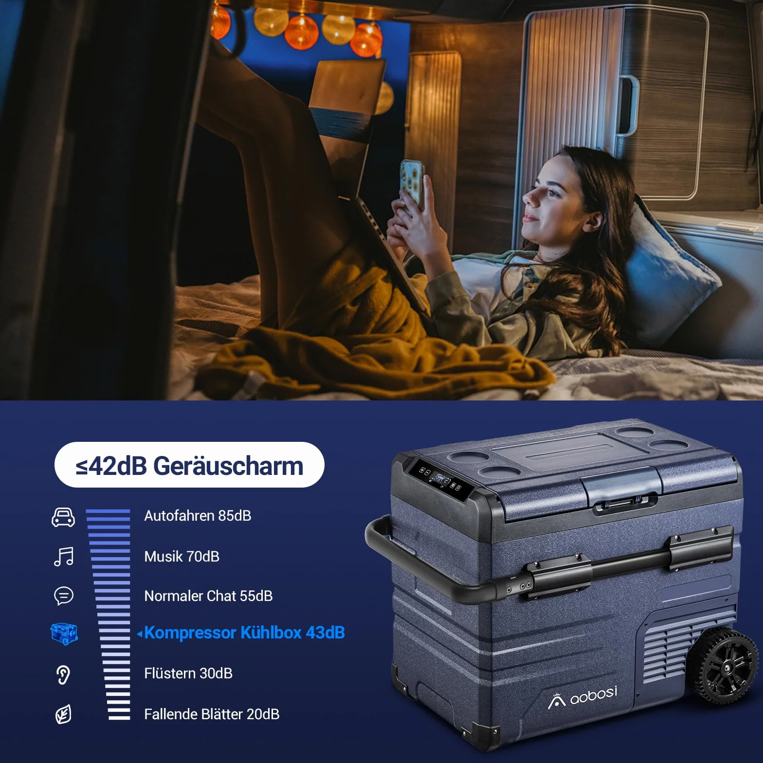 AAOBOSI 45 l kompresorowa lodówka podróżna Dual Zone, sterowana WiFi APP, obsługa dotykowa LED, złącze USB, 12/24 V i 100-240 V, do -20 °C, elektryczna lodówka do samochodu, ciężarówki, łodzi, kampera