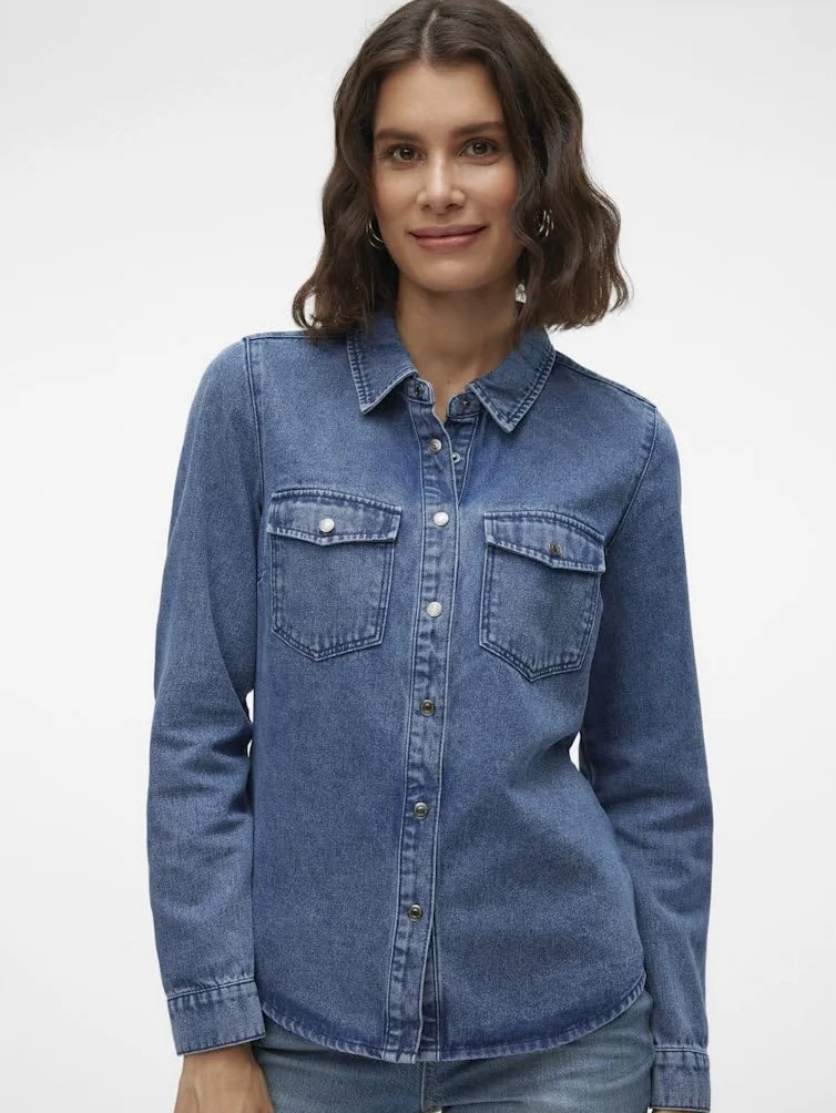 VERO MODA Vmjennie Ls Denim Shirt Mix Noos koszula dżinsowa, niebieski (medium blue denim), L