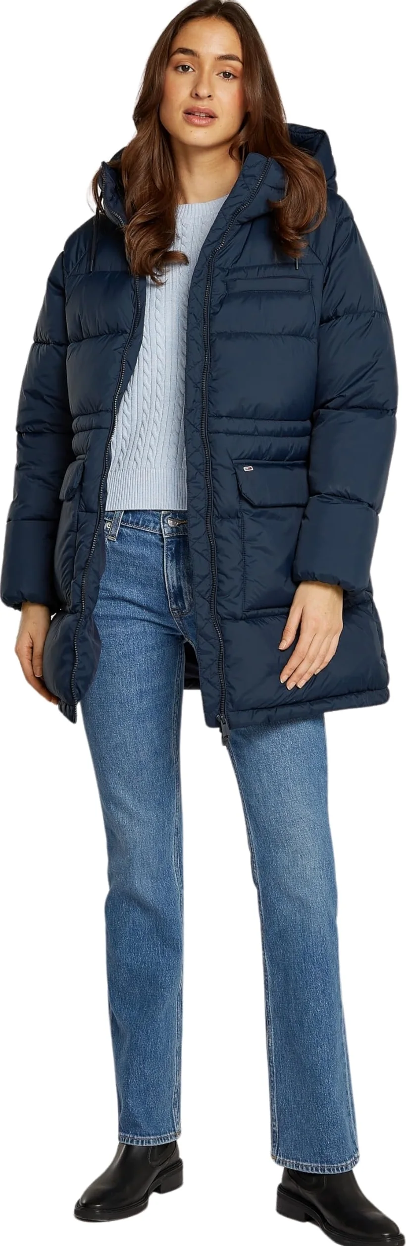 Tommy Jeans Damska kurtka puchowa TJW MIDI ASPEN PUFFER DW0DW18842, niebieska (Dark Night Navy), XXS, Niebieski (Dark Night Navy), XXS