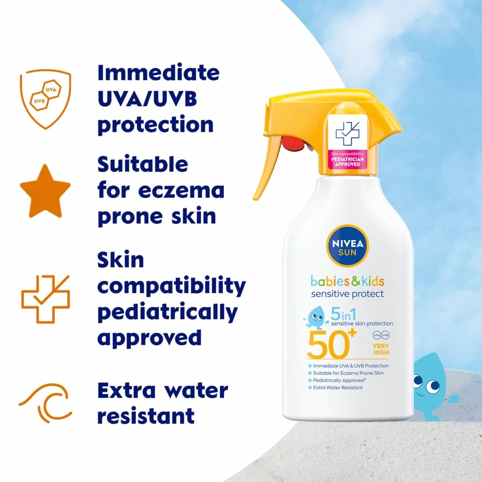 NIVEA SUN Solar Pistolet Babies & Kids Sensitive Protect FPS 50+ (1 x 270 ml), Ultra wodoodporny spray przeciwsłoneczny, filtr przeciwsłoneczny, opracowany dla delikatnej skóry dzieci