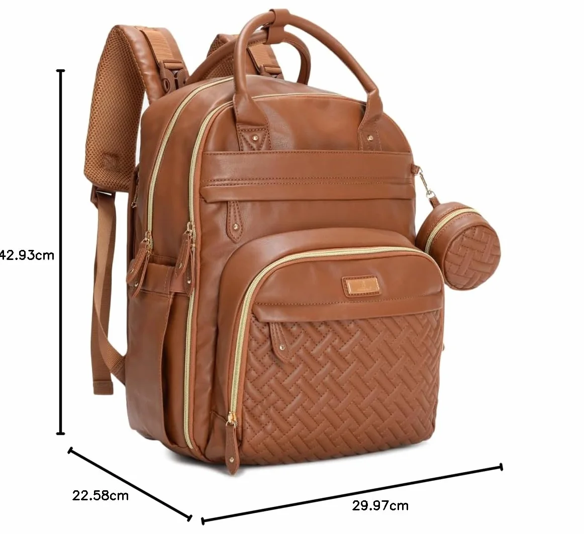 BabbleRoo Leather Diaper Bag Backpack - Baby Essentials Travel Baby Bag, Multi function, Waterproof, with Changing Pad, Stroller Straps & Pacifier Case – Unisex, Natural Brown