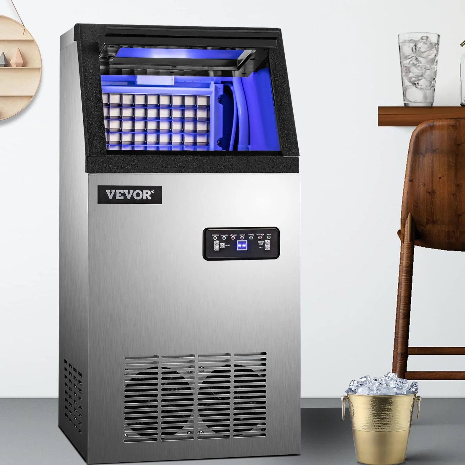 VEVOR Commercial Food Grade Ice Cube Machine 68 kg/24h, wielofunkcyjna kostkarka do lodu wykonana ze stali nierdzewnej 280 W Inteligentny panel sterowania LCD, do kawiarni, barów itp.