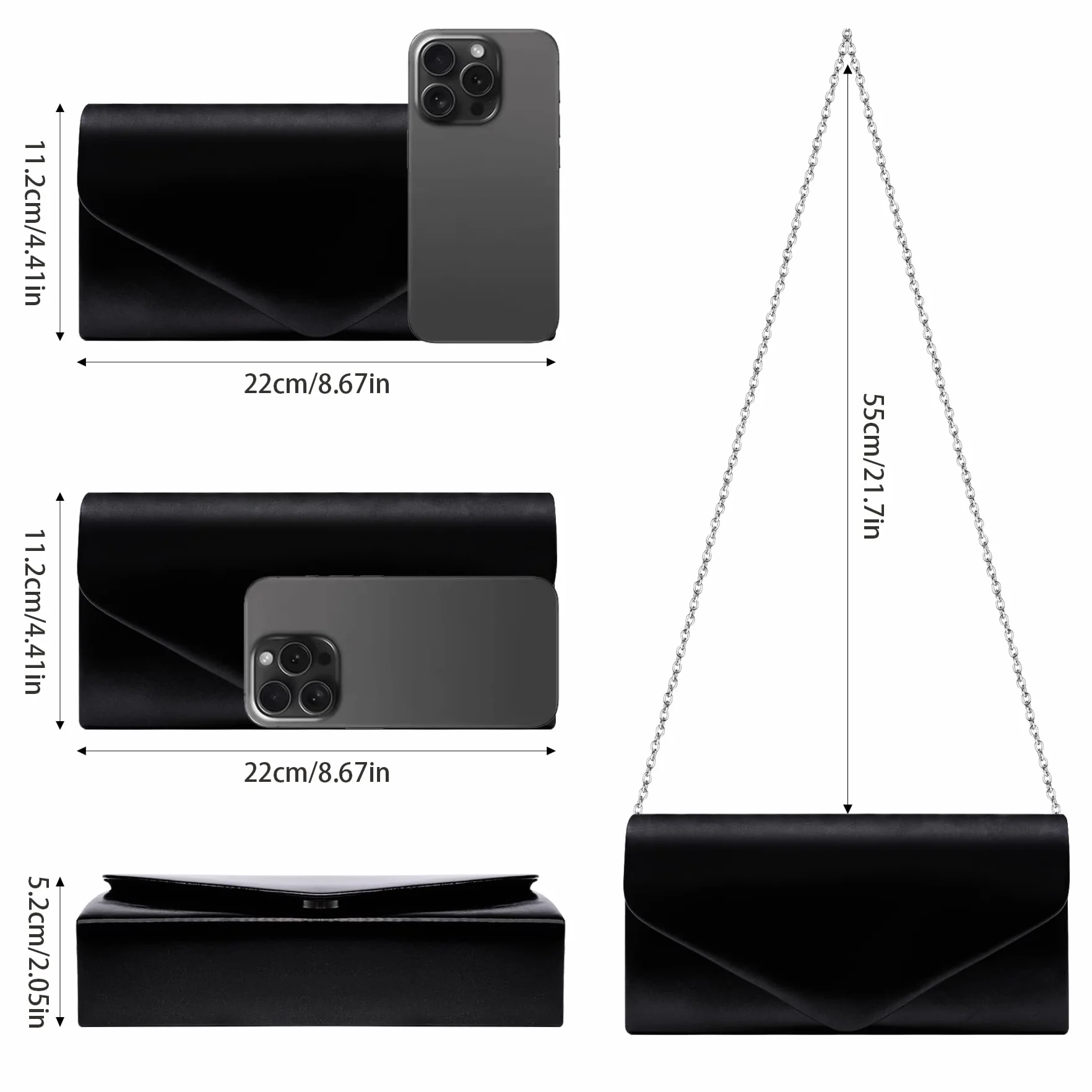 Larcenciel Clutch, elegancka skórzana torebka czarna ze zdejmowanym łańcuszkiem, modna torba skórzana Crossbody, mała torba na ramię, kopertówka, torebka wieczorowa na wesele, imprezę, bankiet, 22 x