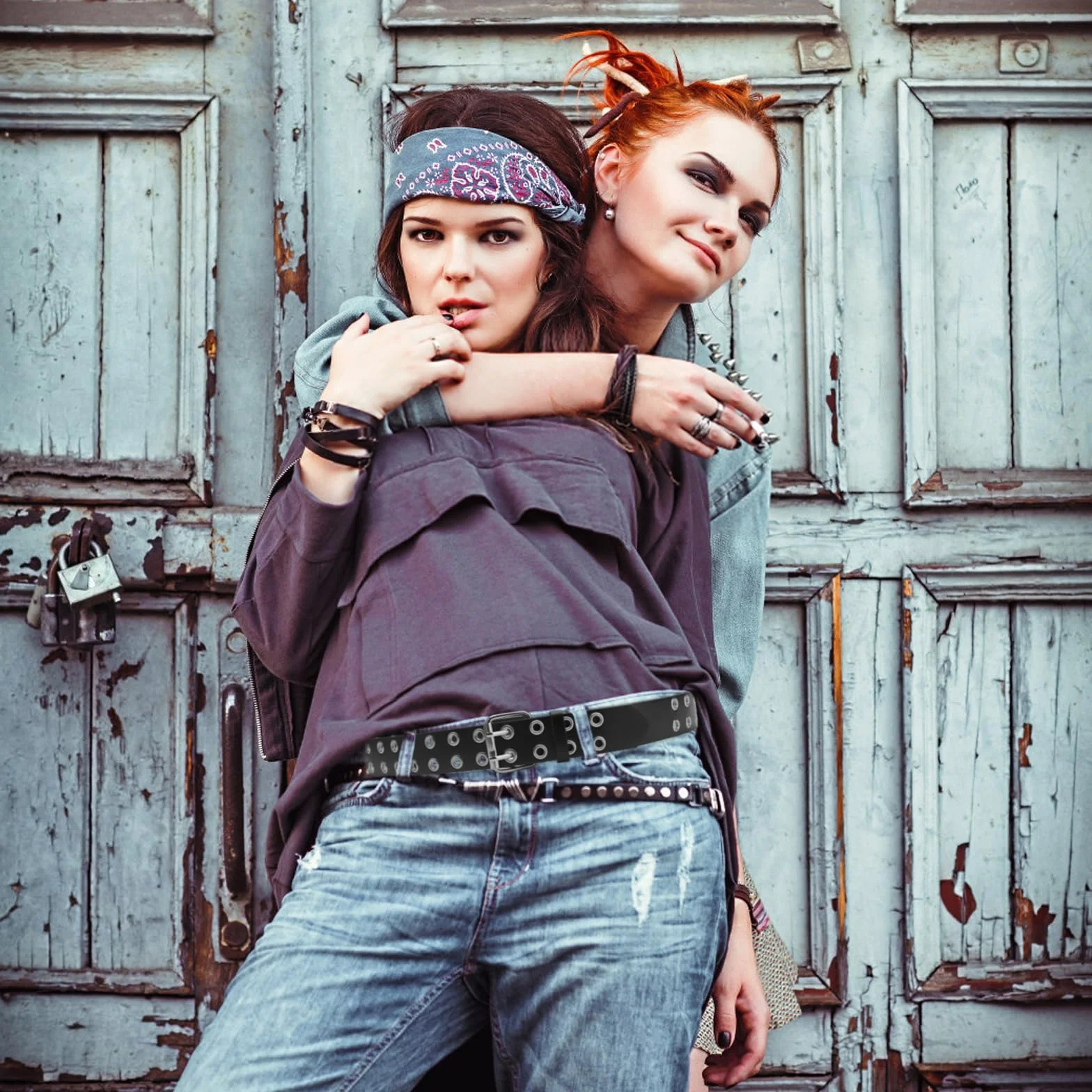 APOMOONS Czarny pasek z nitami, podwójny otwór, skórzany pasek dżinsowy, styl punkowy, Cosplay, nity, hip hop, męski do dżinsów, spodni, gotyckiej odzieży rockowej